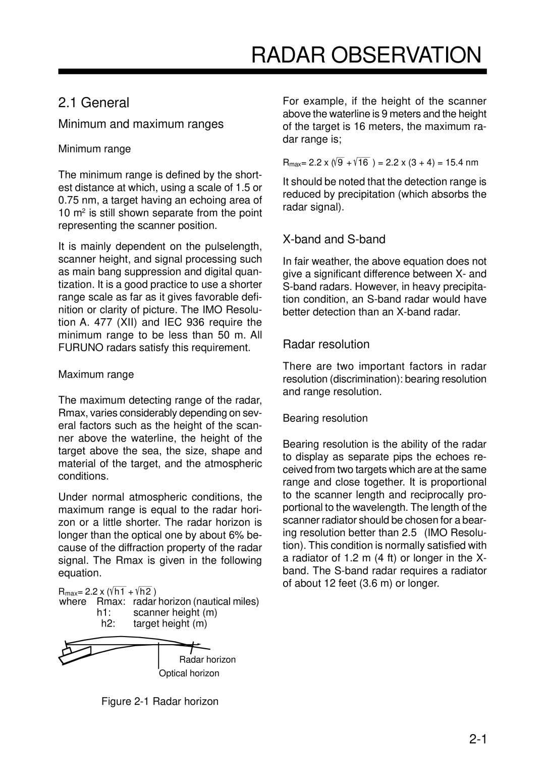 Furuno FR-1710 manual Radar Observation, General, Minimum and maximum ranges, Band and S-band, Radar resolution 