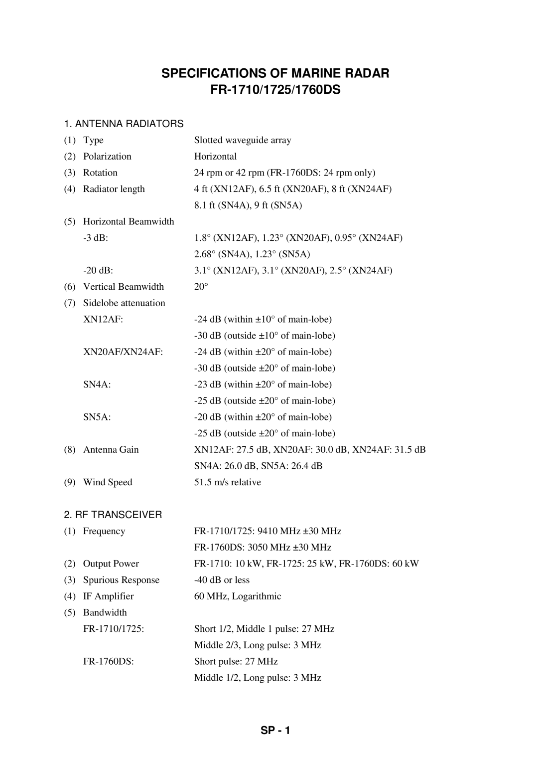 Furuno FR-1710 manual Specifications of Marine Radar 