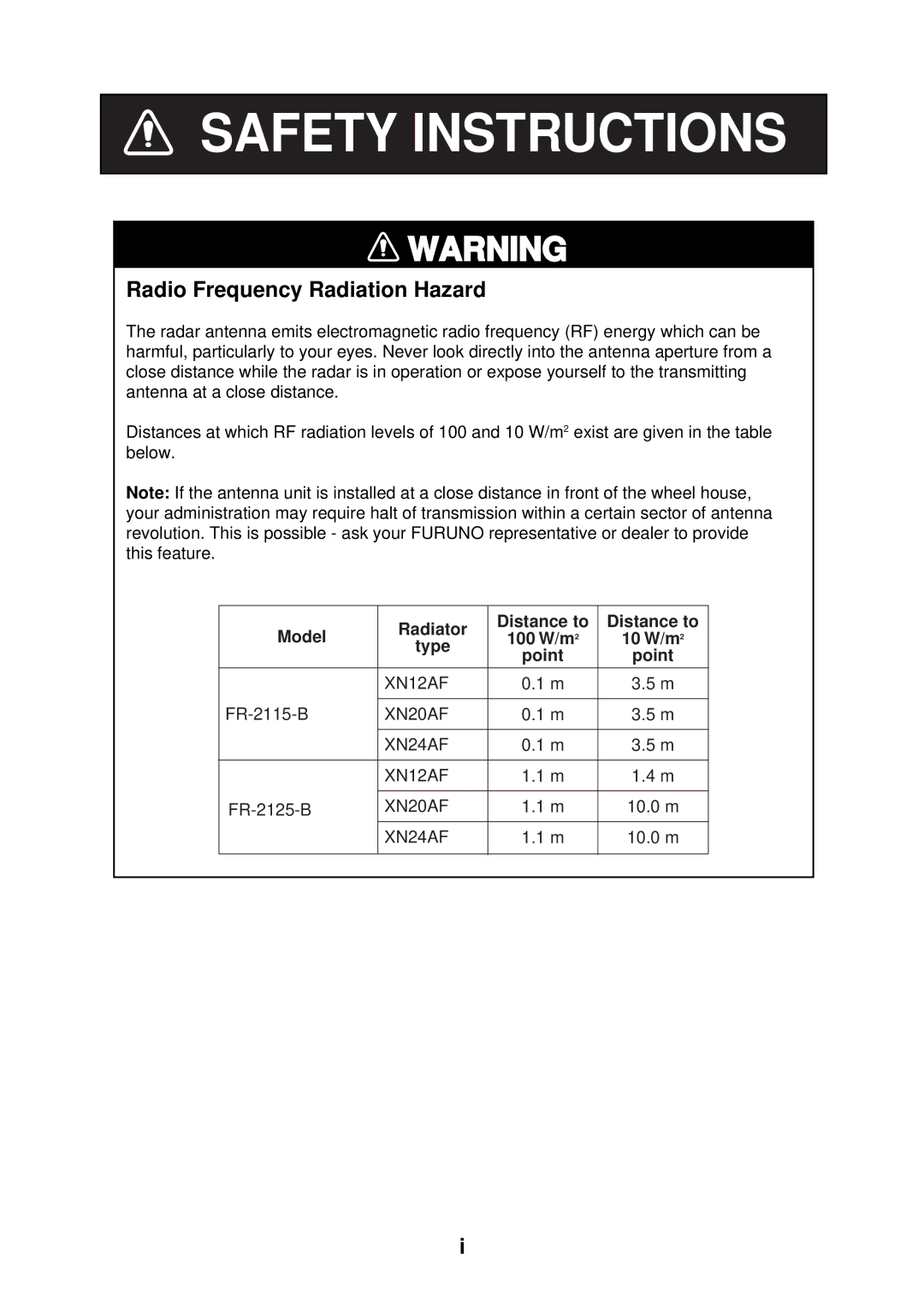 Furuno FR-2115-B installation manual Safety Instructions, Radio Frequency Radiation Hazard 