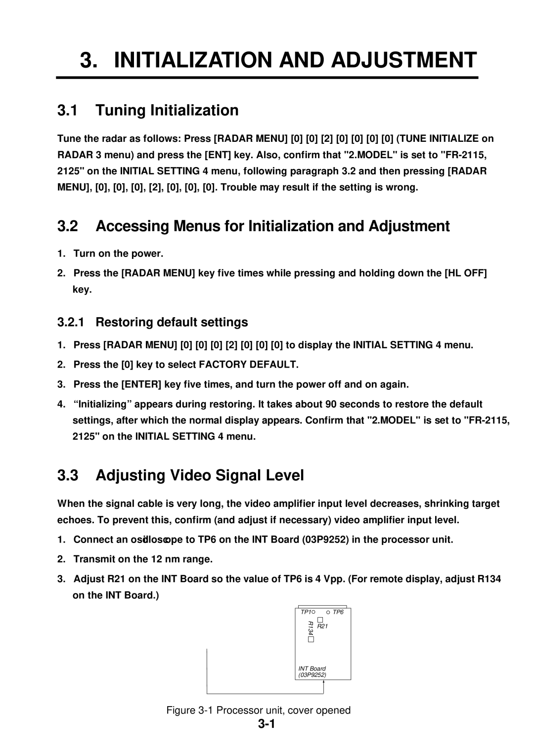 Furuno FR-2115-B Tuning Initialization, Accessing Menus for Initialization and Adjustment, Adjusting Video Signal Level 