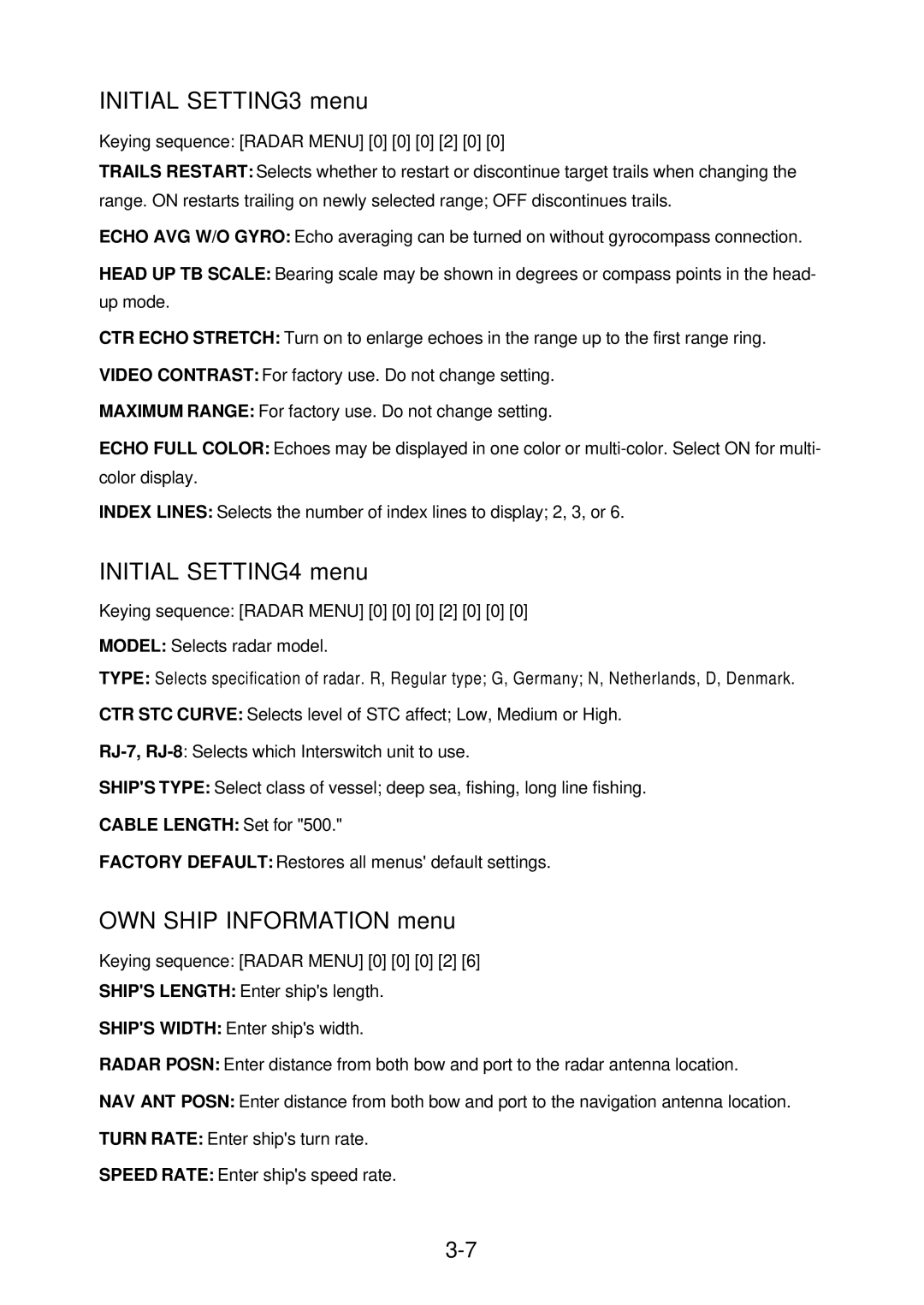 Furuno FR-2115-B installation manual Initial SETTING3 menu 