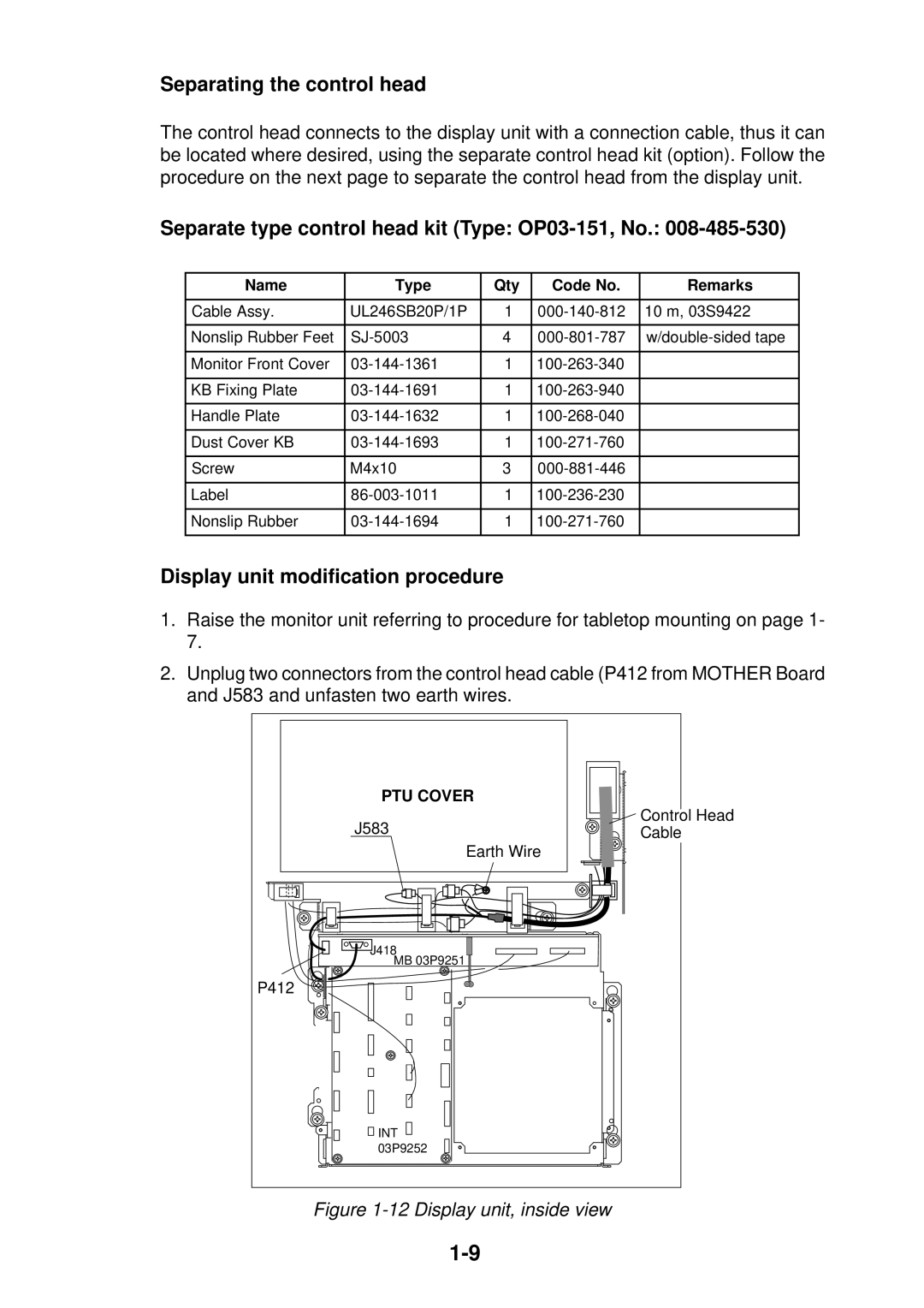 Furuno FR-2115/2125 manual Separating the control head, Separate type control head kit Type OP03-151, No 