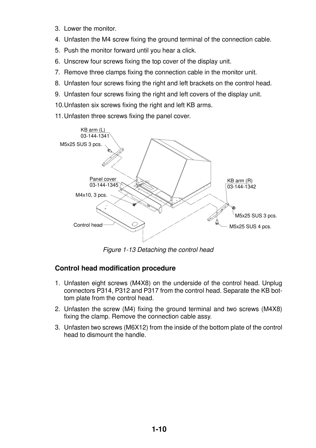 Furuno FR-2115/2125 manual Control head modification procedure, Detaching the control head 