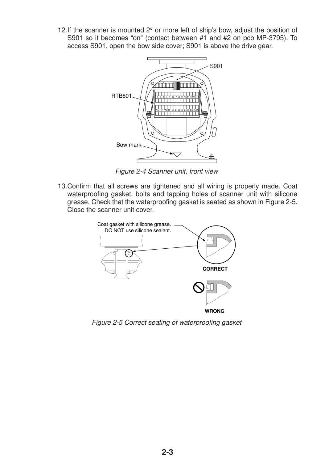 Furuno FR-2115/2125 manual Correct seating of waterproofing gasket 