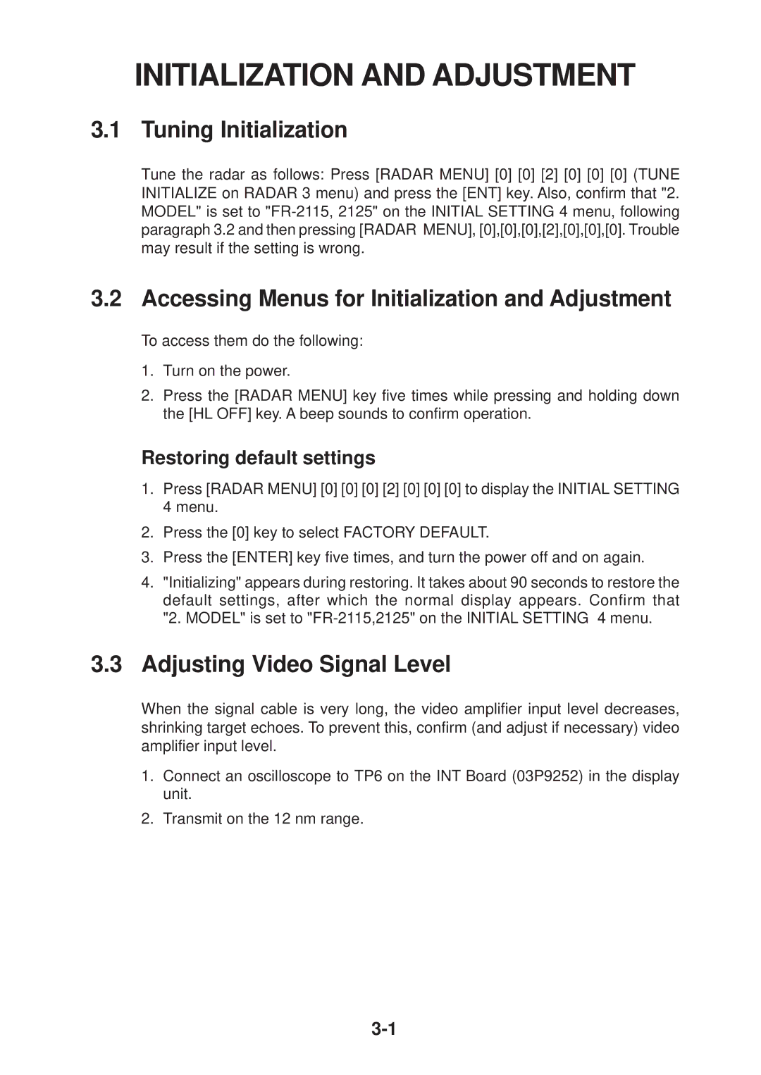 Furuno FR-2115/2125 Tuning Initialization, Accessing Menus for Initialization and Adjustment, Adjusting Video Signal Level 