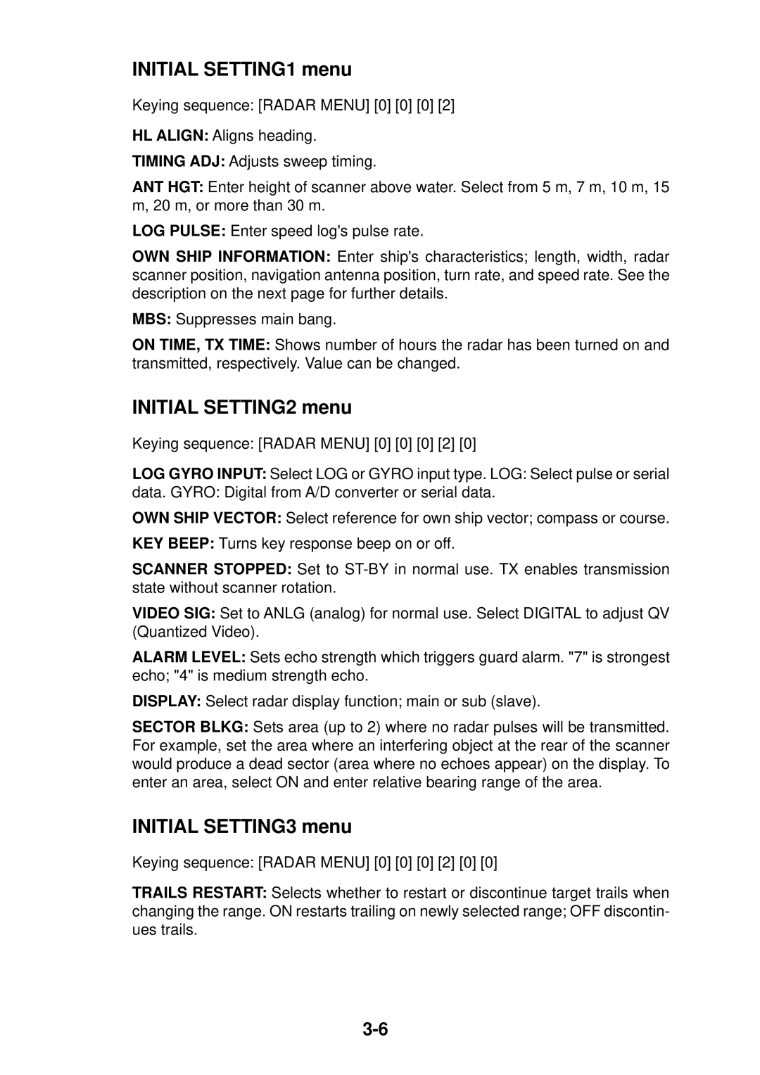 Furuno FR-2115/2125 manual Initial SETTING1 menu, Initial SETTING2 menu, Initial SETTING3 menu 