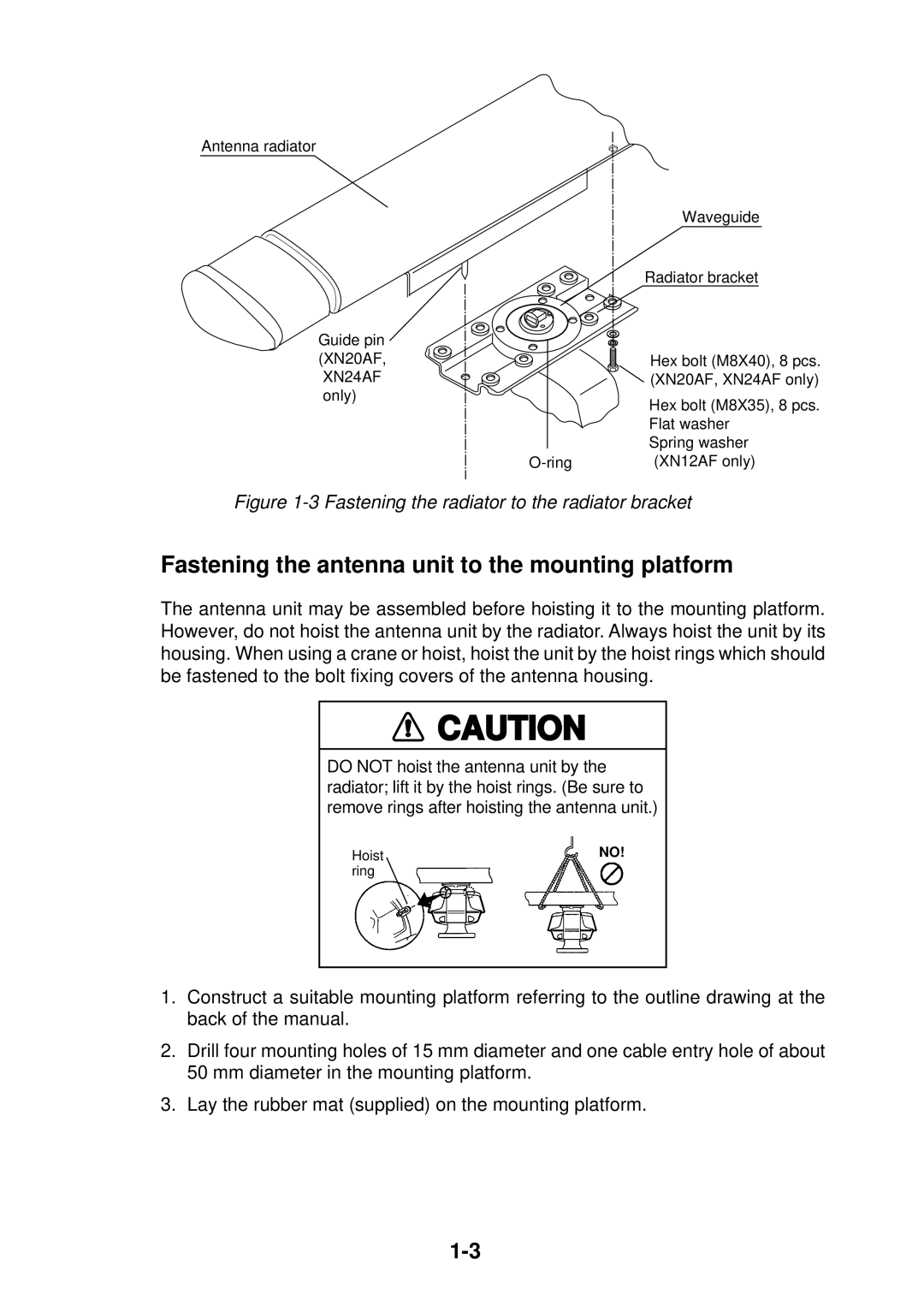 Furuno FR-2125V Fastening the antenna unit to the mounting platform, Fastening the radiator to the radiator bracket 