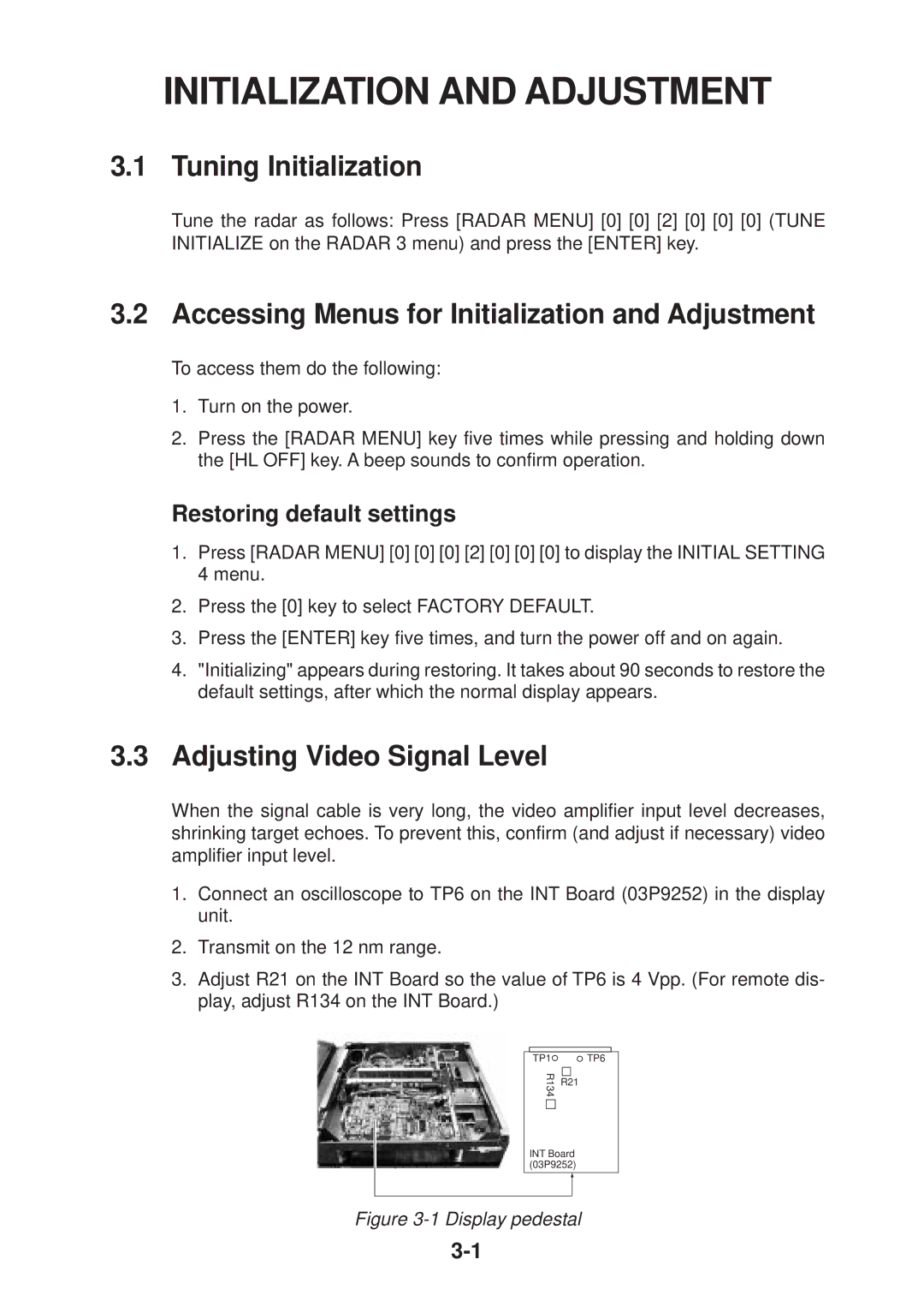 Furuno FR-2125V Tuning Initialization, Accessing Menus for Initialization and Adjustment, Adjusting Video Signal Level 