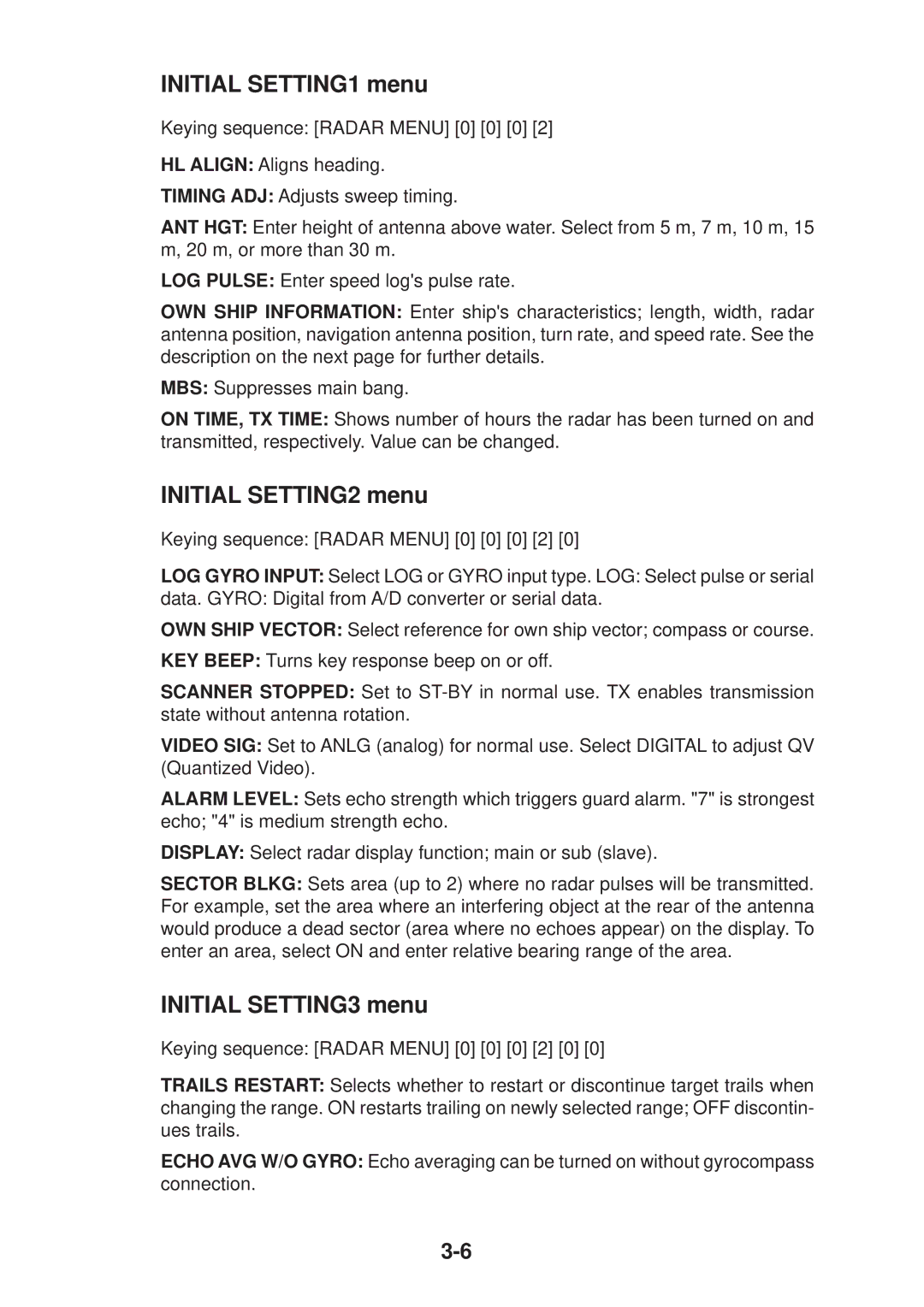 Furuno FR-2125V installation manual Initial SETTING1 menu, Initial SETTING2 menu, Initial SETTING3 menu 