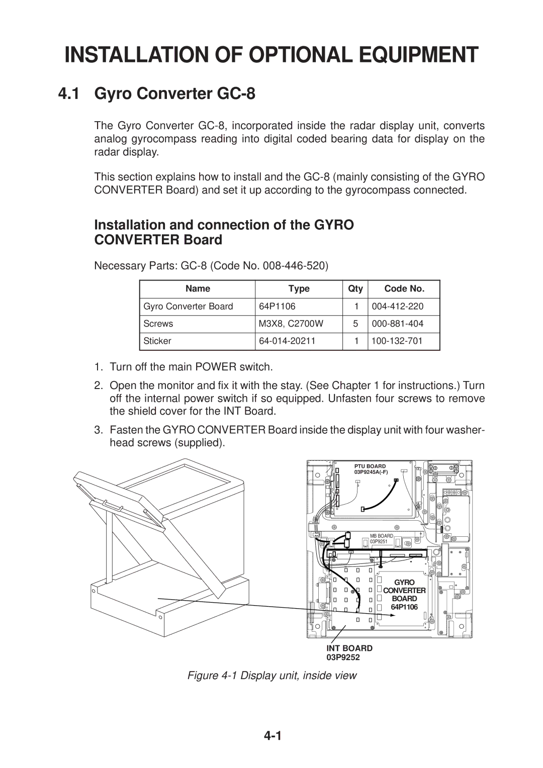 Furuno FR-2125V Gyro Converter GC-8, Installation and connection of the Gyro Converter Board, Name Type Qty Code No 