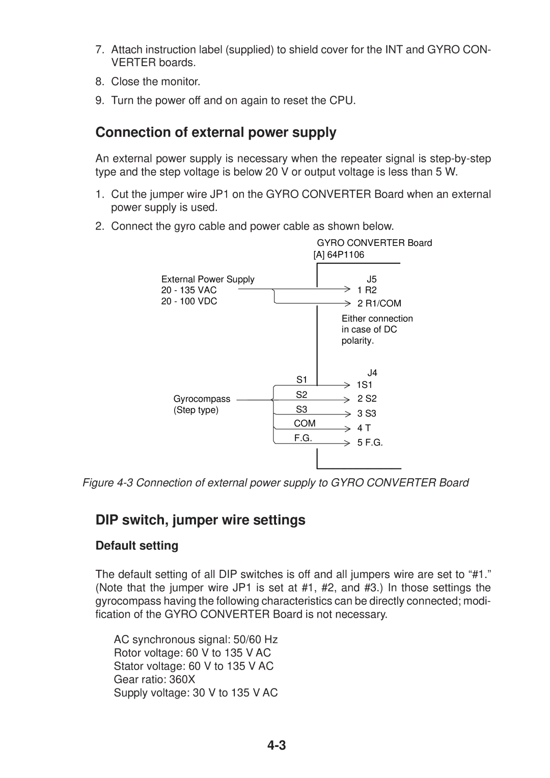 Furuno FR-2125V installation manual Connection of external power supply, DIP switch, jumper wire settings, Default setting 