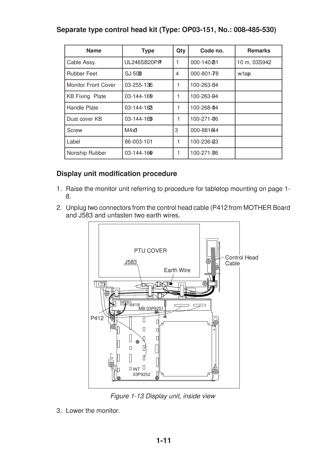 Furuno FR-2135S manual Separate type control head kit Type OP03-151, No, Display unit modification procedure 