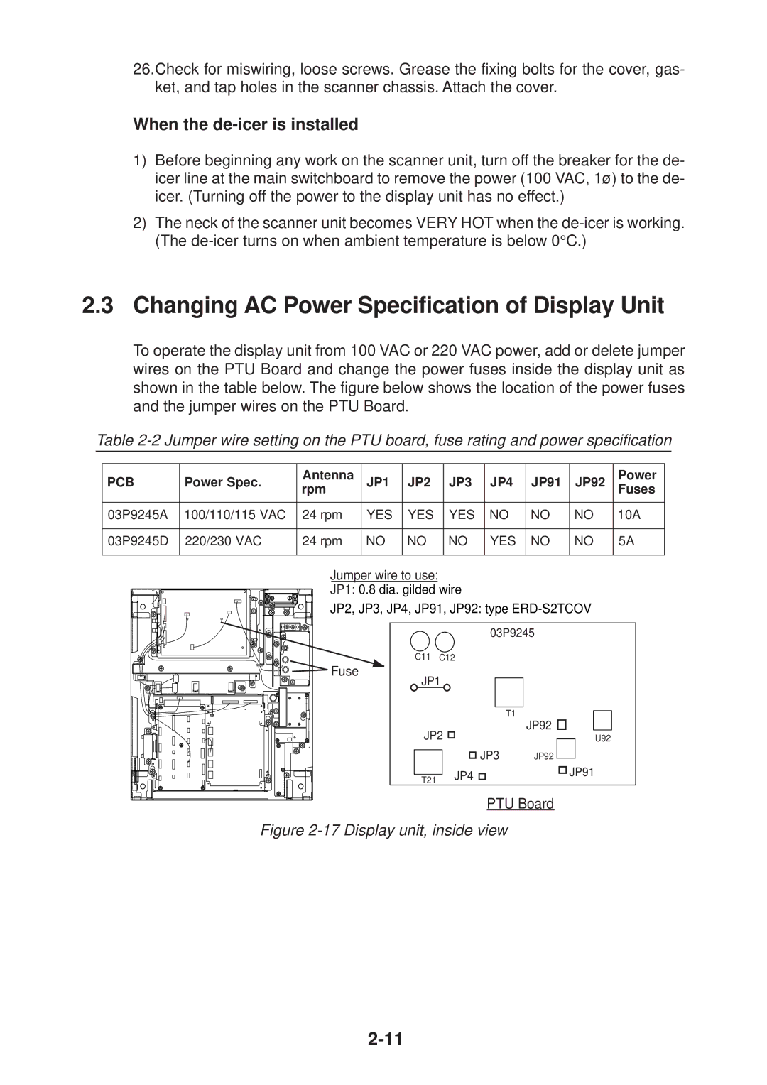 Furuno FR-2135S manual Changing AC Power Specification of Display Unit, When the de-icer is installed 