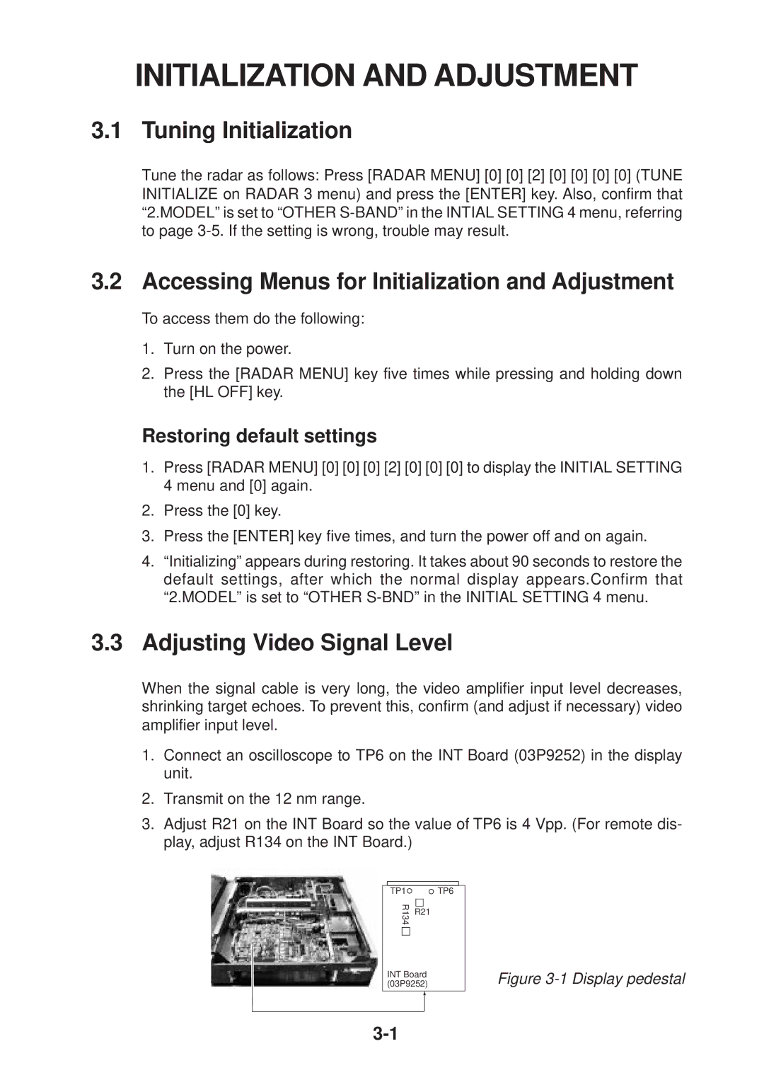 Furuno FR-2135S Tuning Initialization, Accessing Menus for Initialization and Adjustment, Adjusting Video Signal Level 