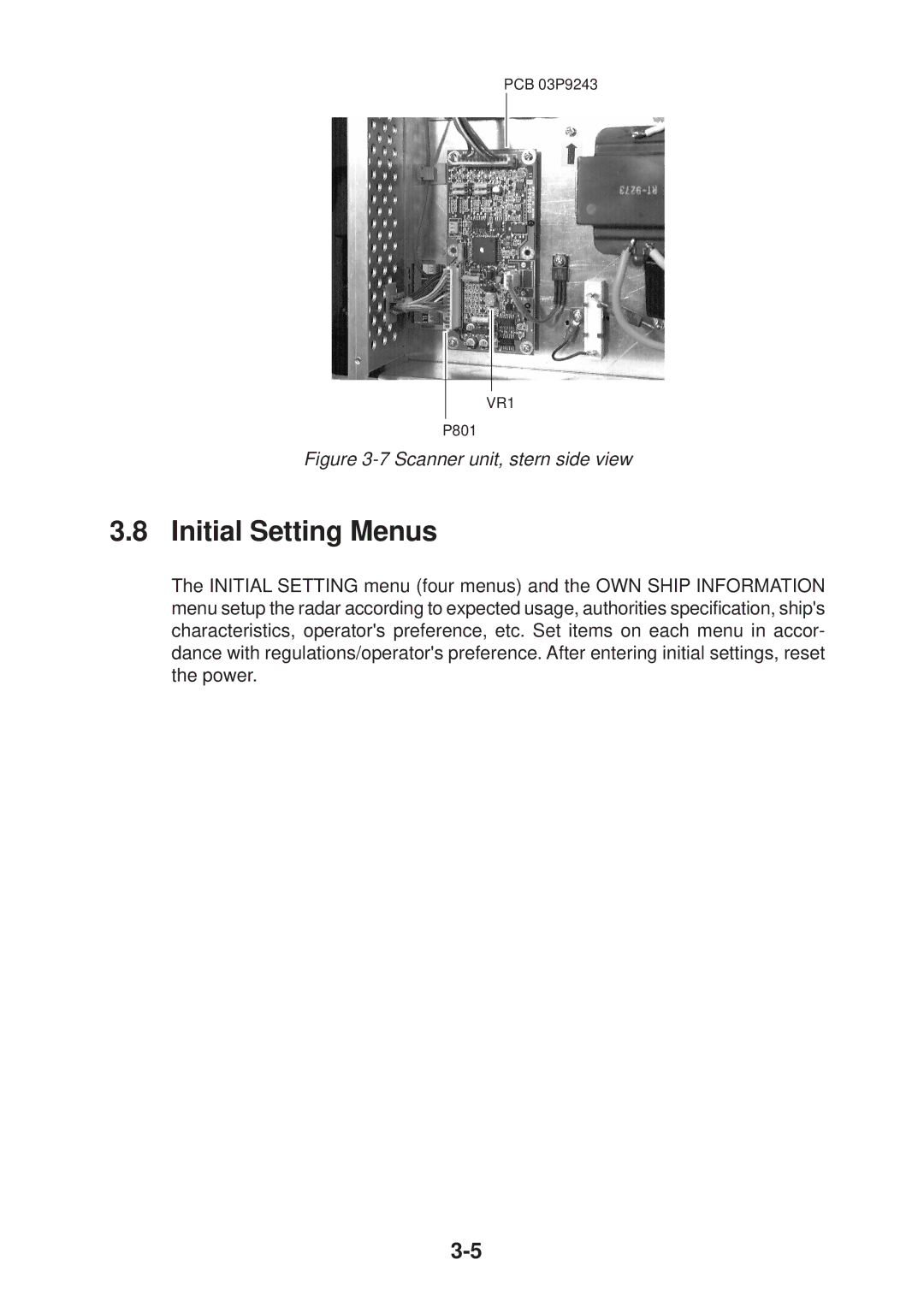 Furuno FR-2135S manual Initial Setting Menus, Scanner unit, stern side view 