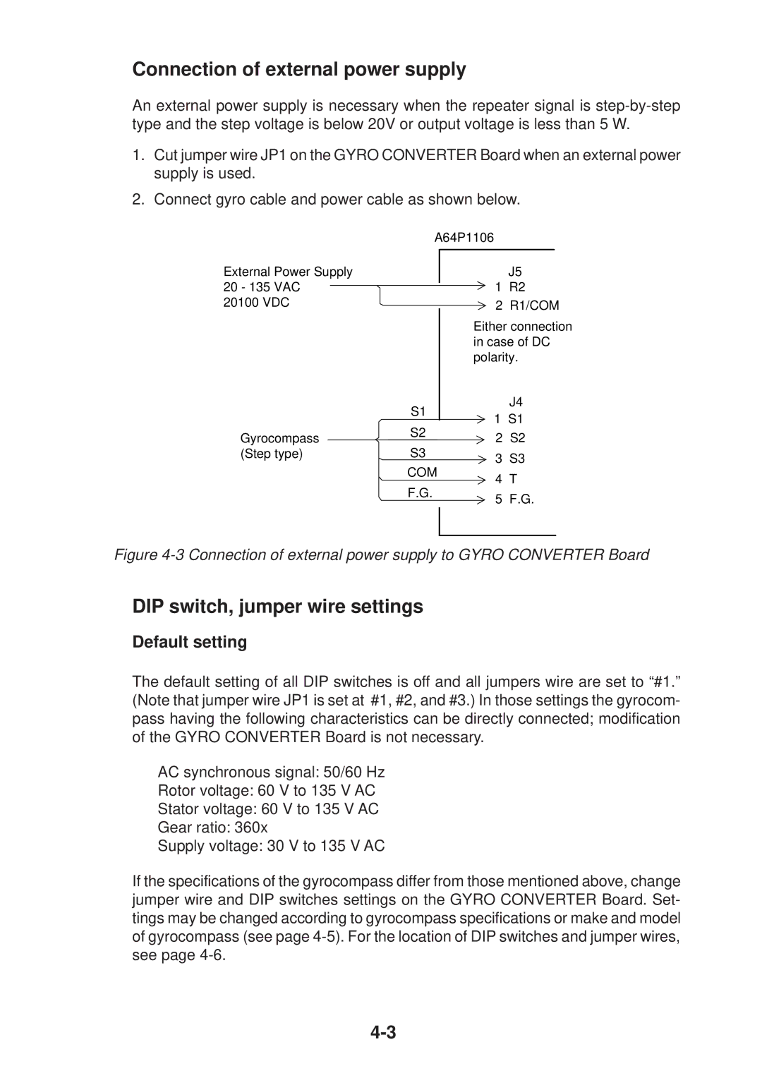 Furuno FR-2135S manual Connection of external power supply, DIP switch, jumper wire settings, Default setting 