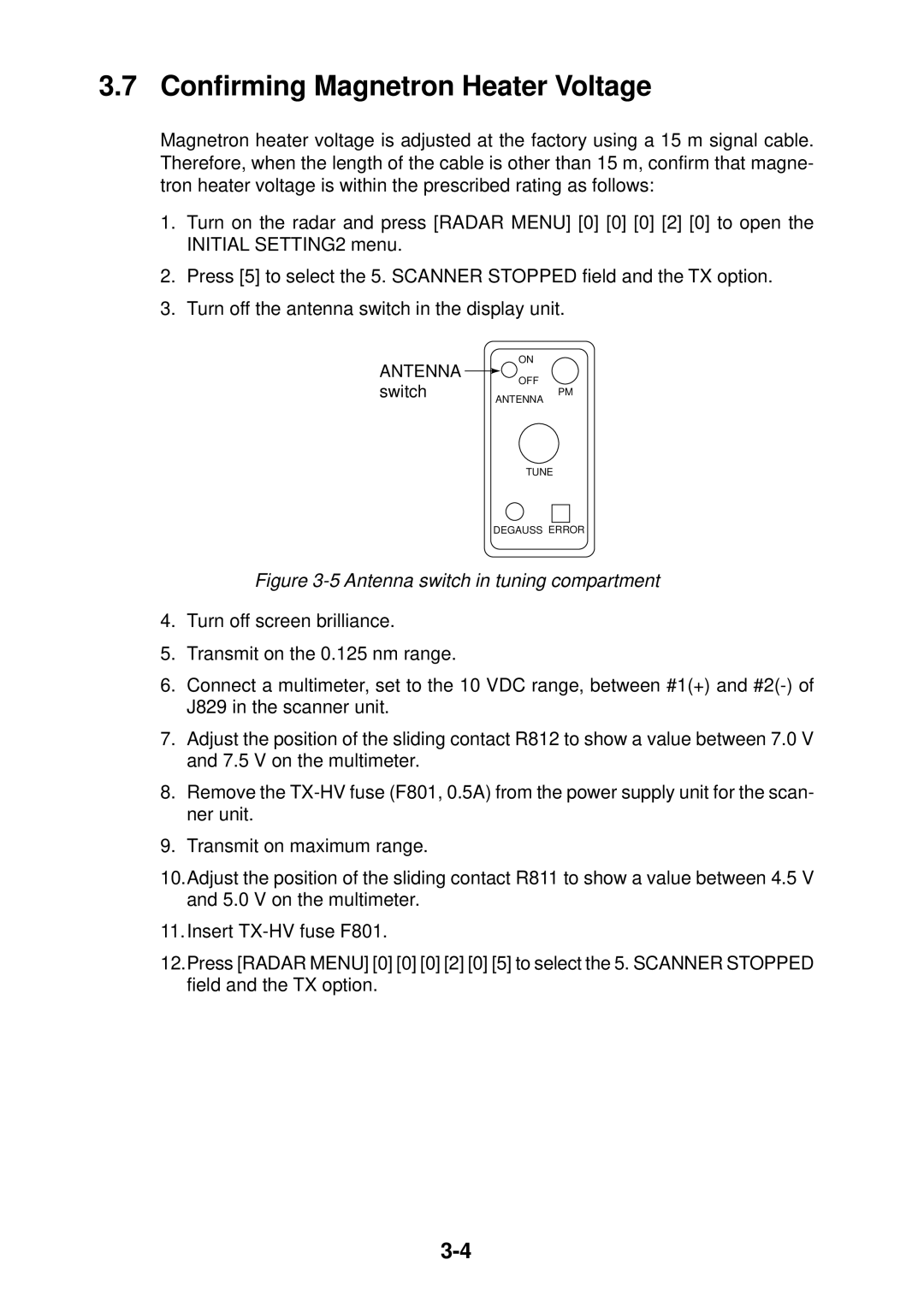 Furuno FR-2155 manual Confirming Magnetron Heater Voltage, Antenna switch in tuning compartment 