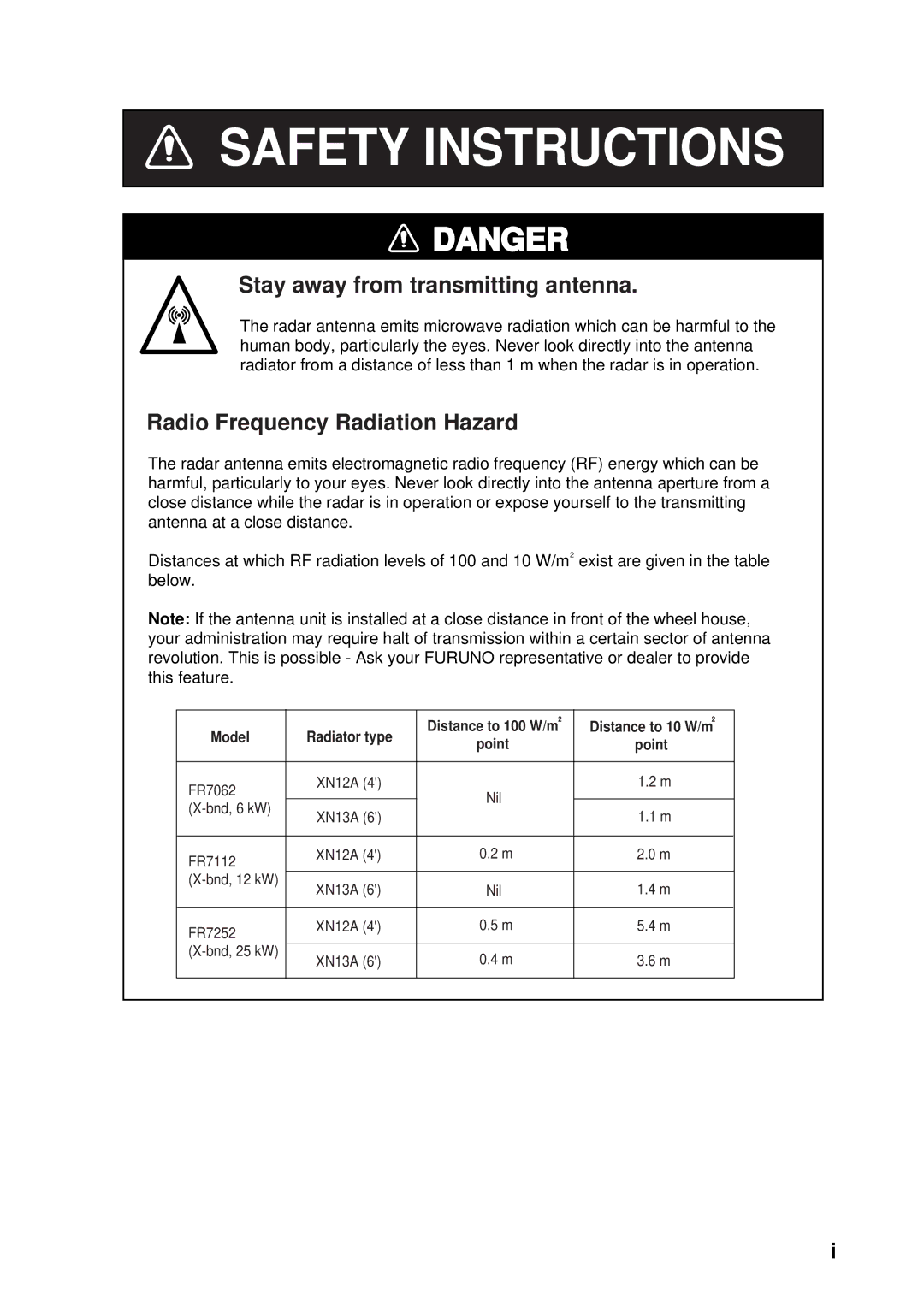 Furuno FR-7252, FR-7112, FR-7062 manual Safety Instructions 