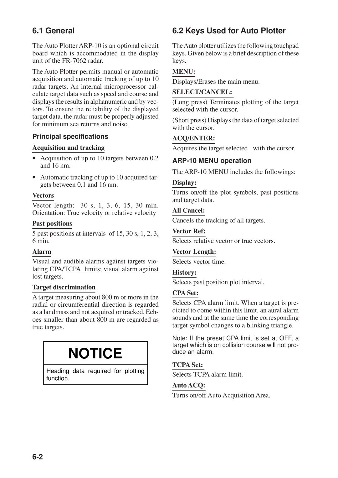 Furuno FR-7112, FR-7252, FR-7062 manual General, Keys Used for Auto Plotter, Principal specifications, ARP-10 Menu operation 