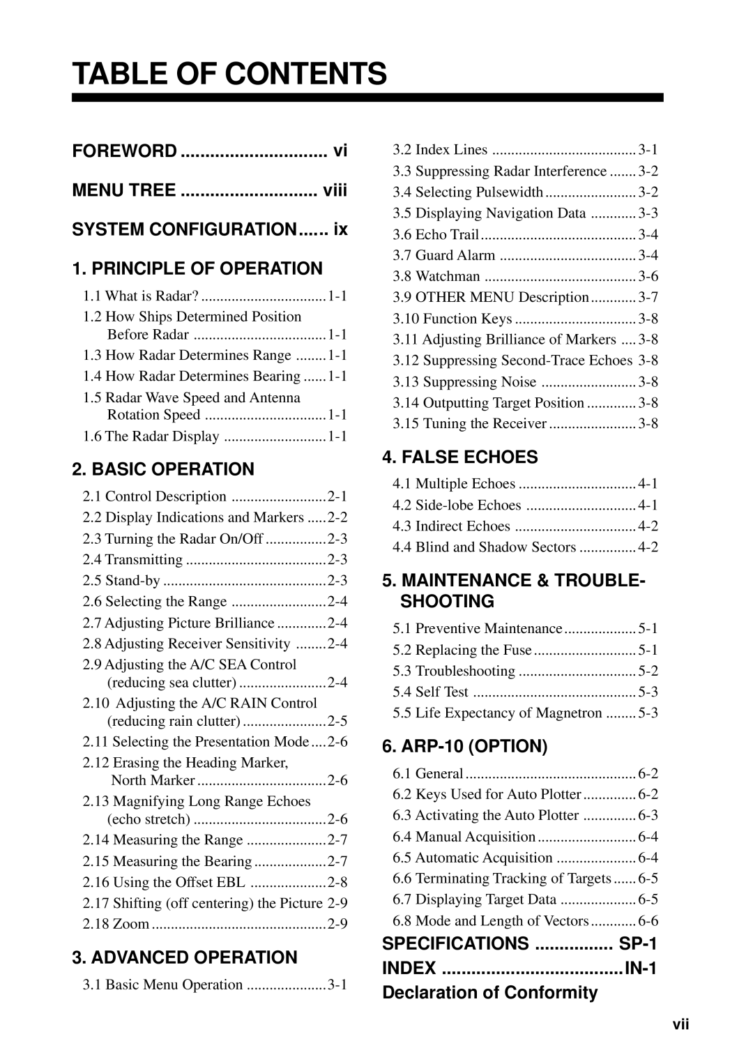 Furuno FR-7252, FR-7112, FR-7062 manual Table of Contents 