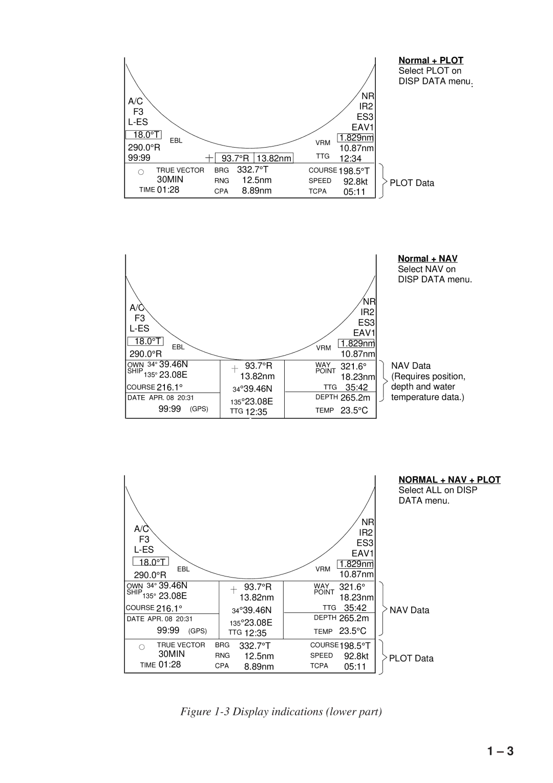 Furuno FR-8051 manual Display indications lower part 