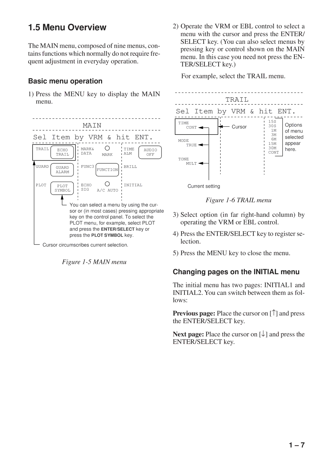 Furuno FR-8051 manual Menu Overview, Basic menu operation, Changing pages on the Initial menu 