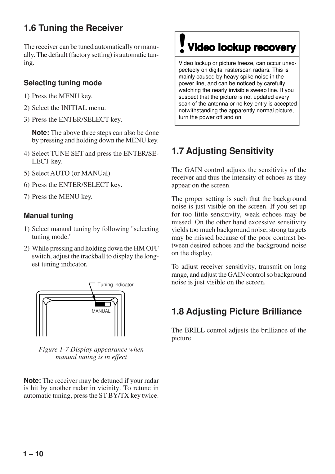 Furuno FR-8051 manual Tuning the Receiver, Adjusting Sensitivity, Adjusting Picture Brilliance, Selecting tuning mode 