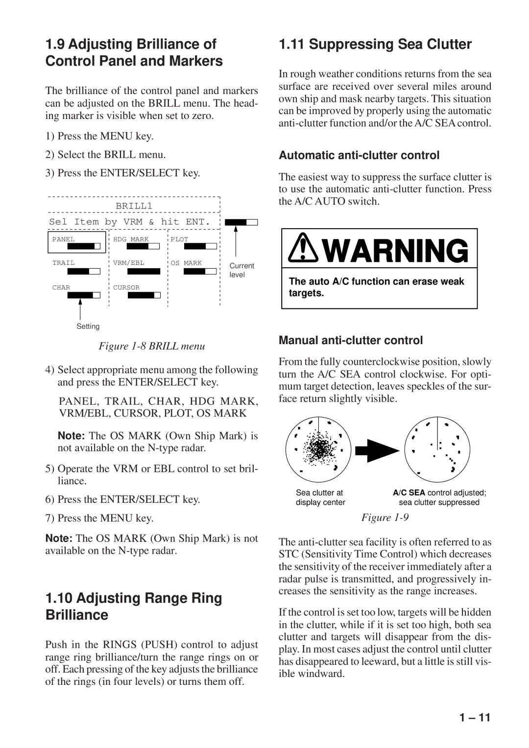 Furuno FR-8051 Adjusting Brilliance of Control Panel and Markers, Adjusting Range Ring Brilliance, Suppressing Sea Clutter 