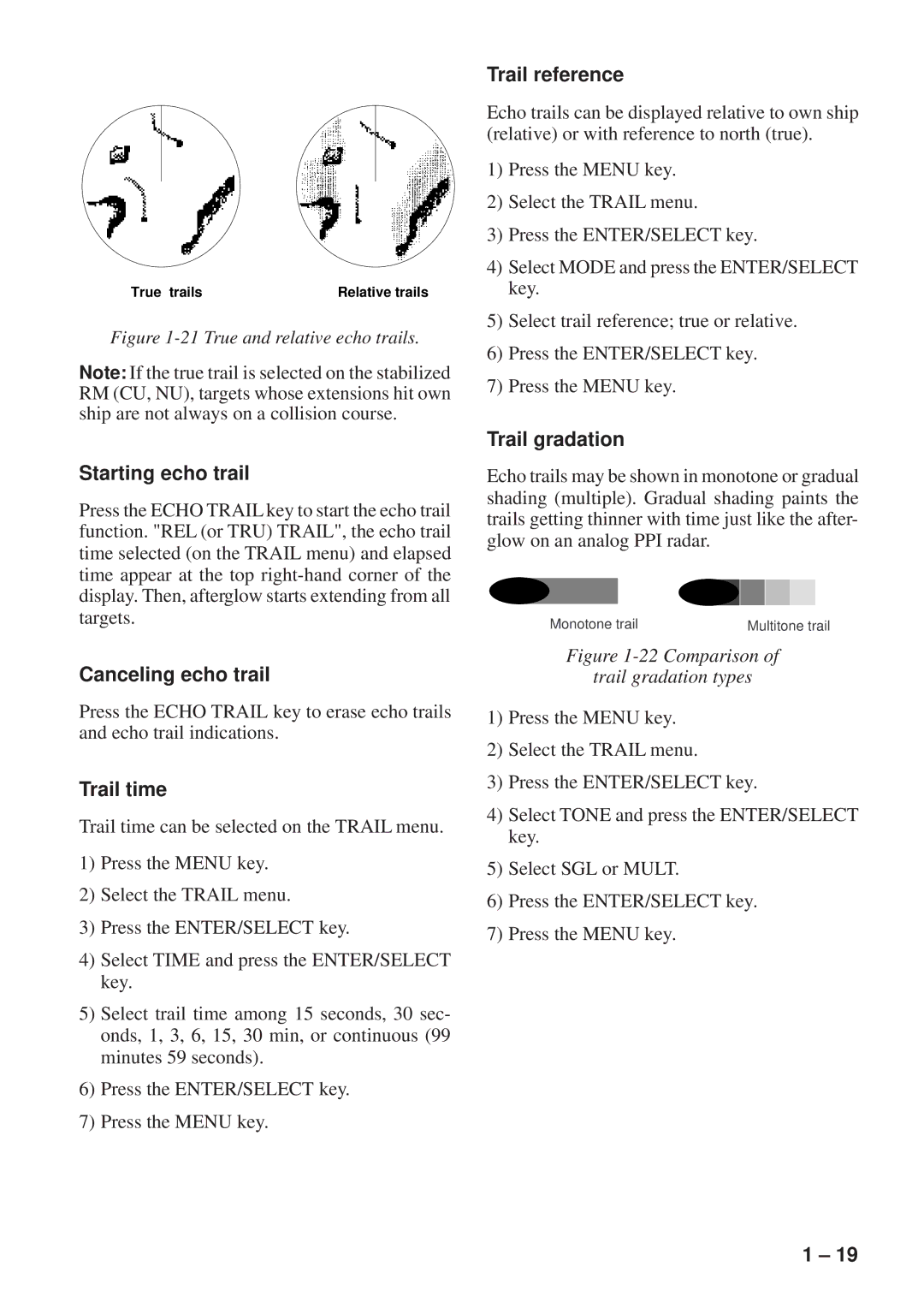 Furuno FR-8051 manual Starting echo trail, Canceling echo trail, Trail time, Trail reference, Trail gradation 