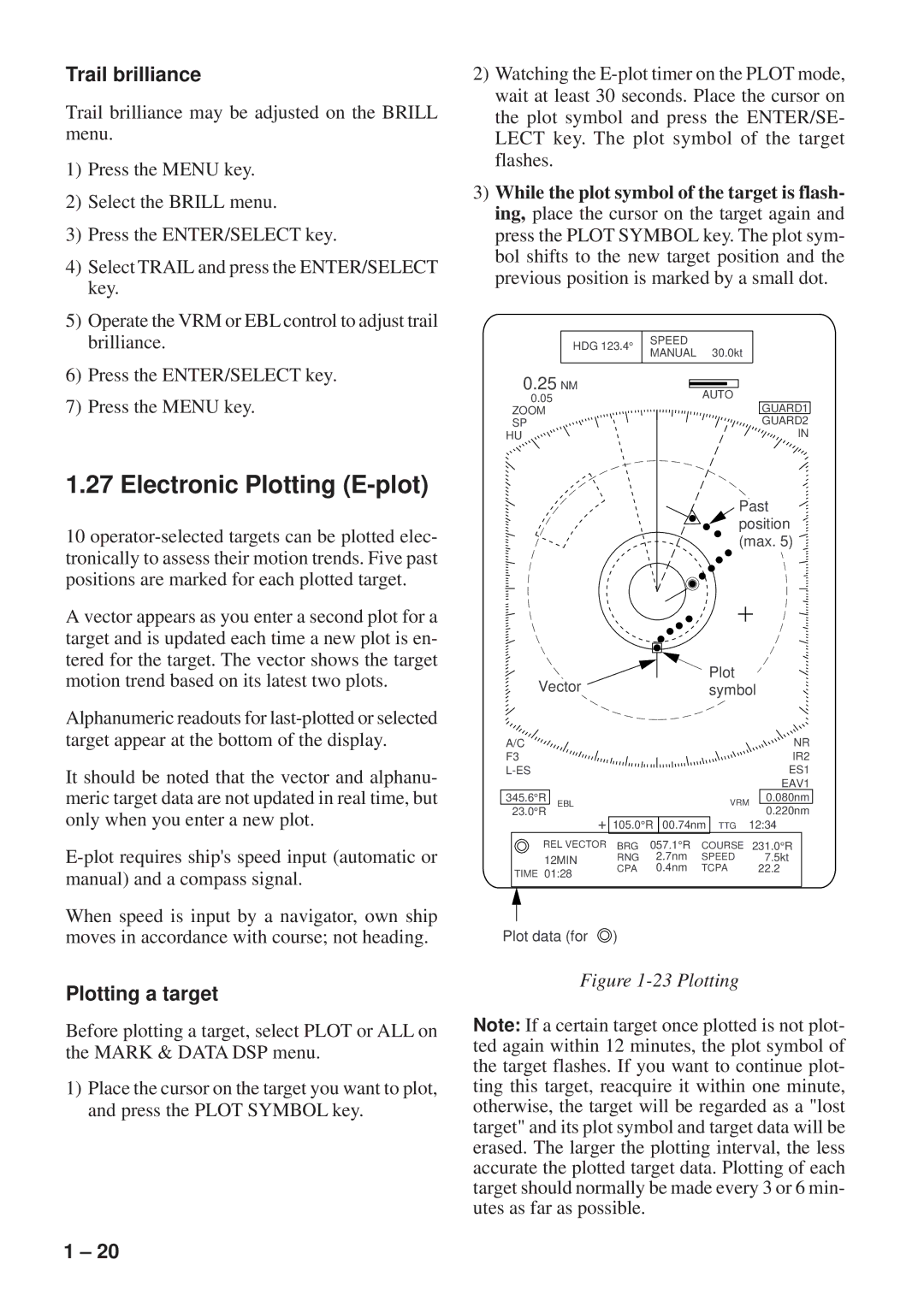 Furuno FR-8051 manual Electronic Plotting E-plot, Trail brilliance, Plotting a target 