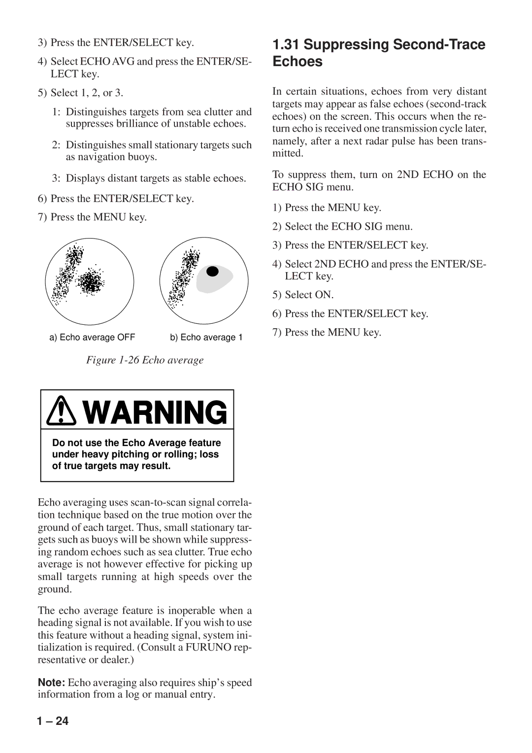 Furuno FR-8051 manual Suppressing Second-Trace Echoes, Echo average 