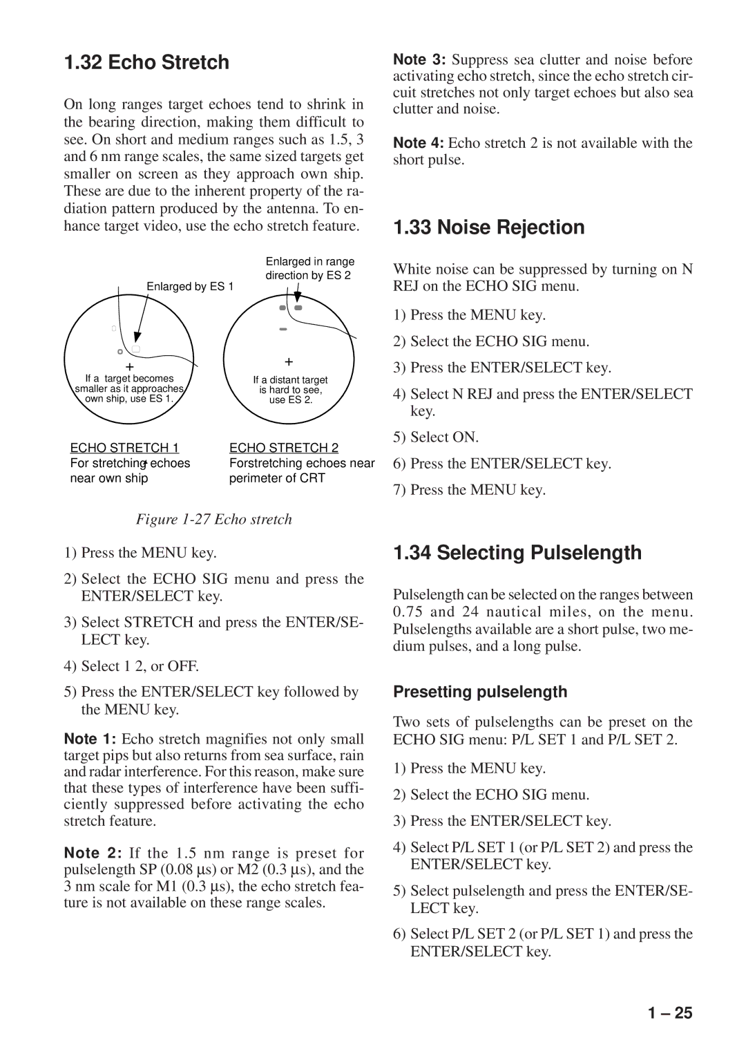 Furuno FR-8051 manual Echo Stretch, Noise Rejection, Selecting Pulselength, Presetting pulselength 