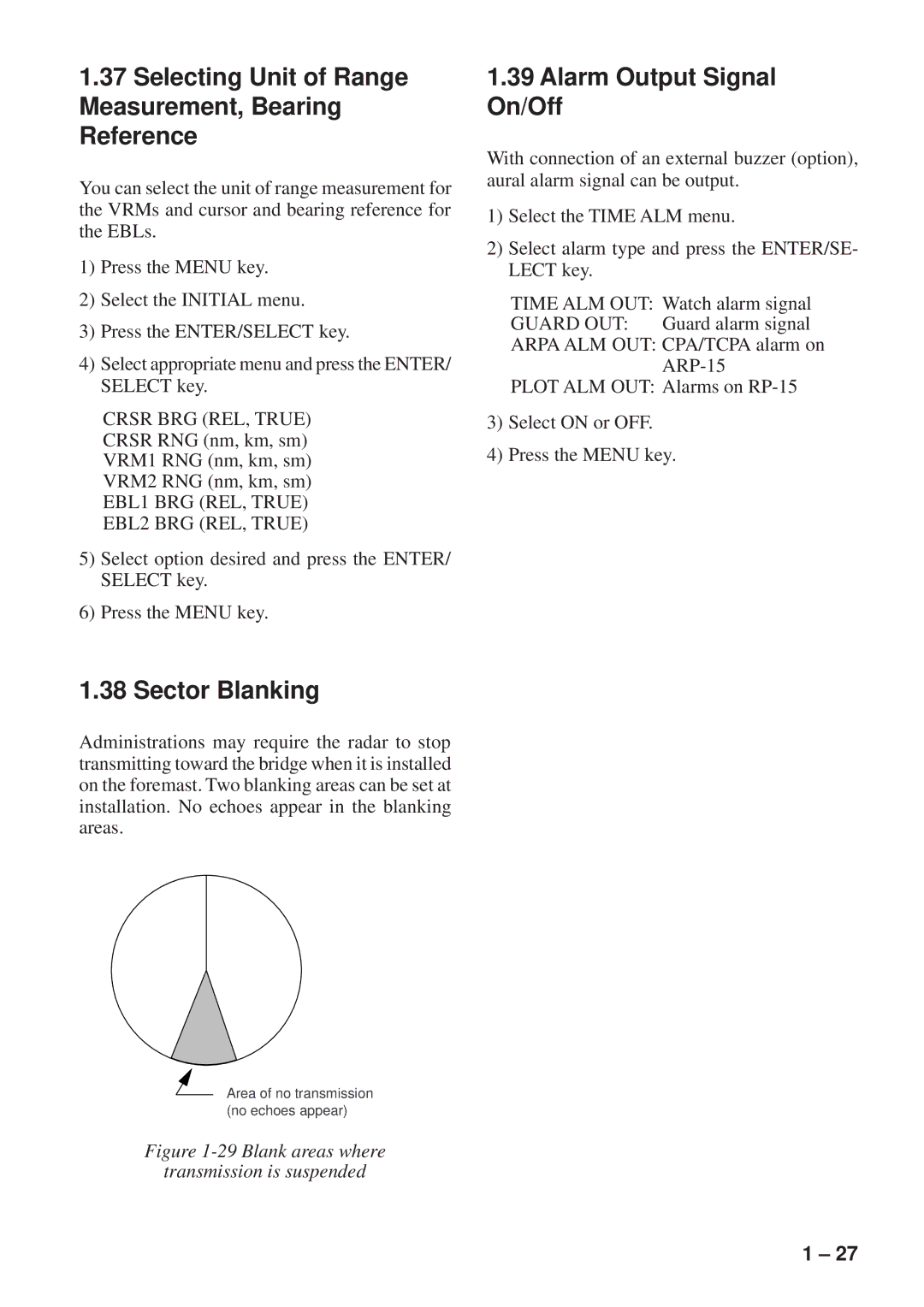 Furuno FR-8051 manual Selecting Unit of Range Measurement, Bearing Reference, Sector Blanking, Alarm Output Signal On/Off 