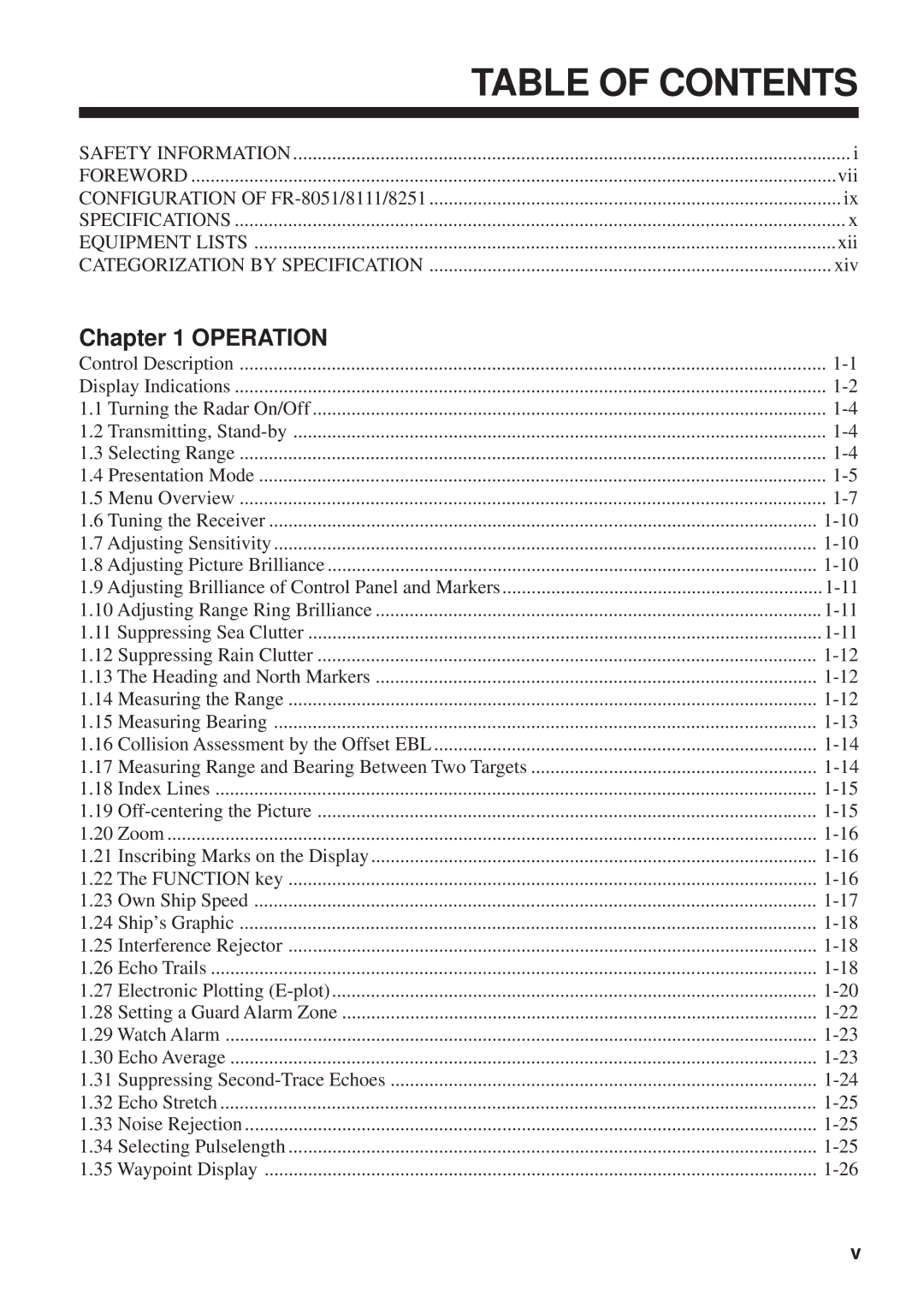 Furuno FR-8051 manual Table of Contents 