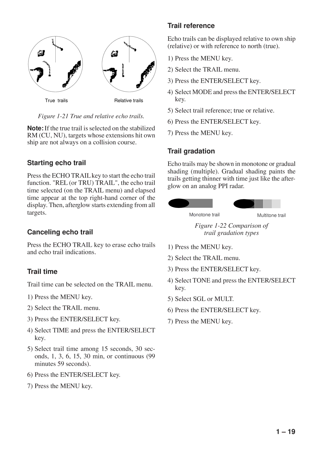 Furuno FR-8111, FR-8251 manual Starting echo trail, Canceling echo trail, Trail time, Trail reference, Trail gradation 