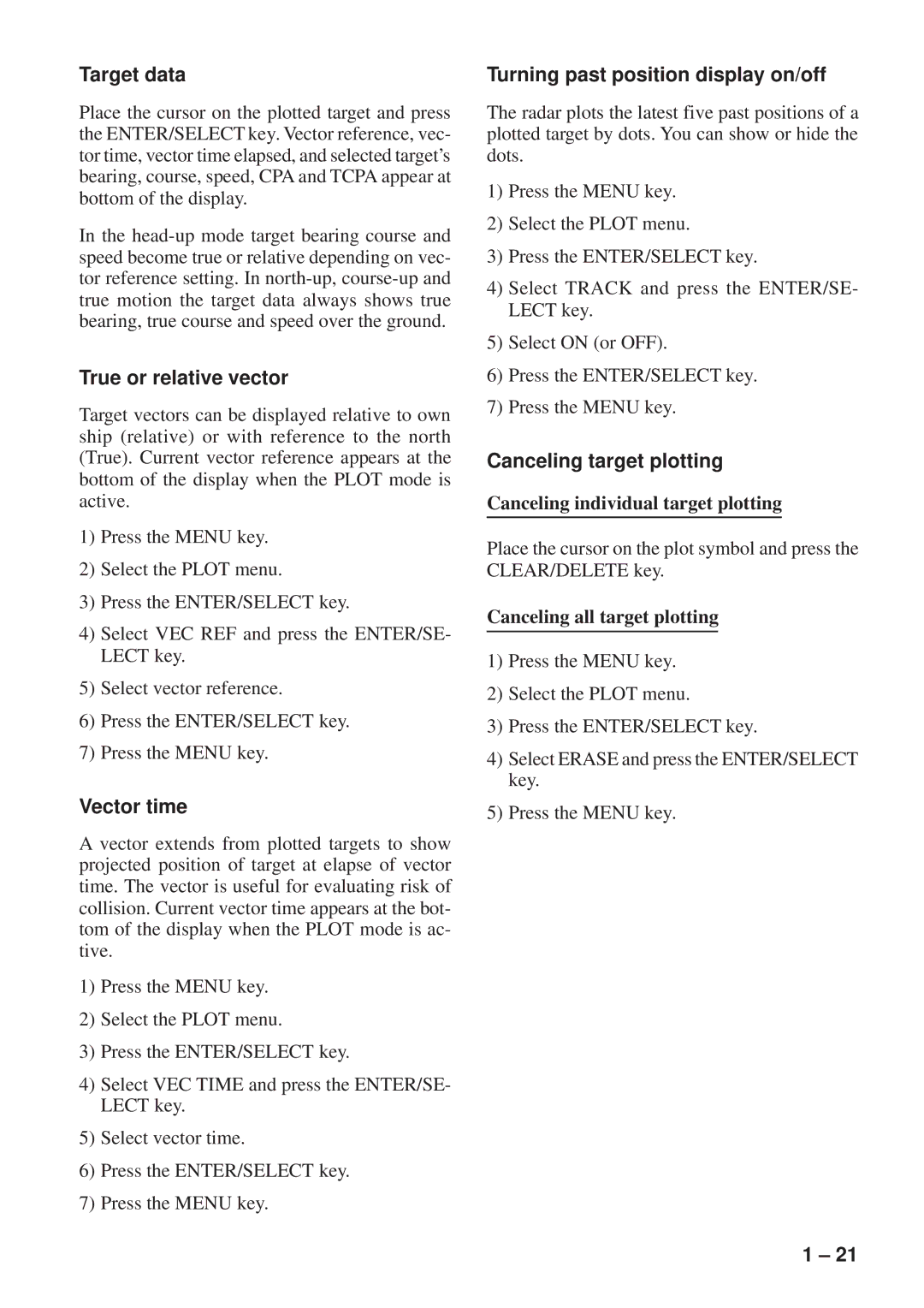 Furuno FR-8111, FR-8251 manual Target data, True or relative vector, Vector time, Turning past position display on/off 