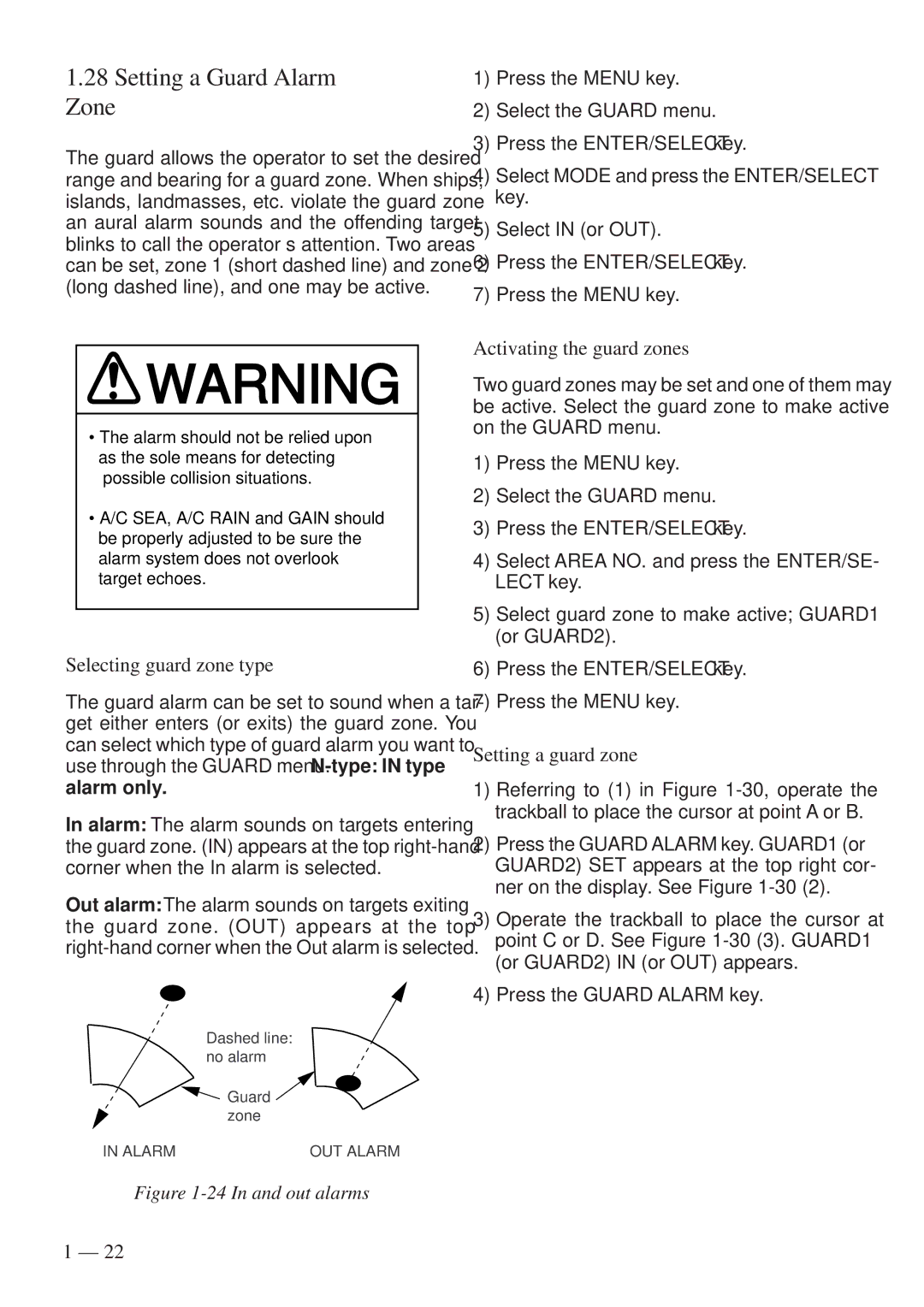 Furuno FR-8251 Setting a Guard Alarm Zone, Selecting guard zone type, Activating the guard zones, Setting a guard zone 