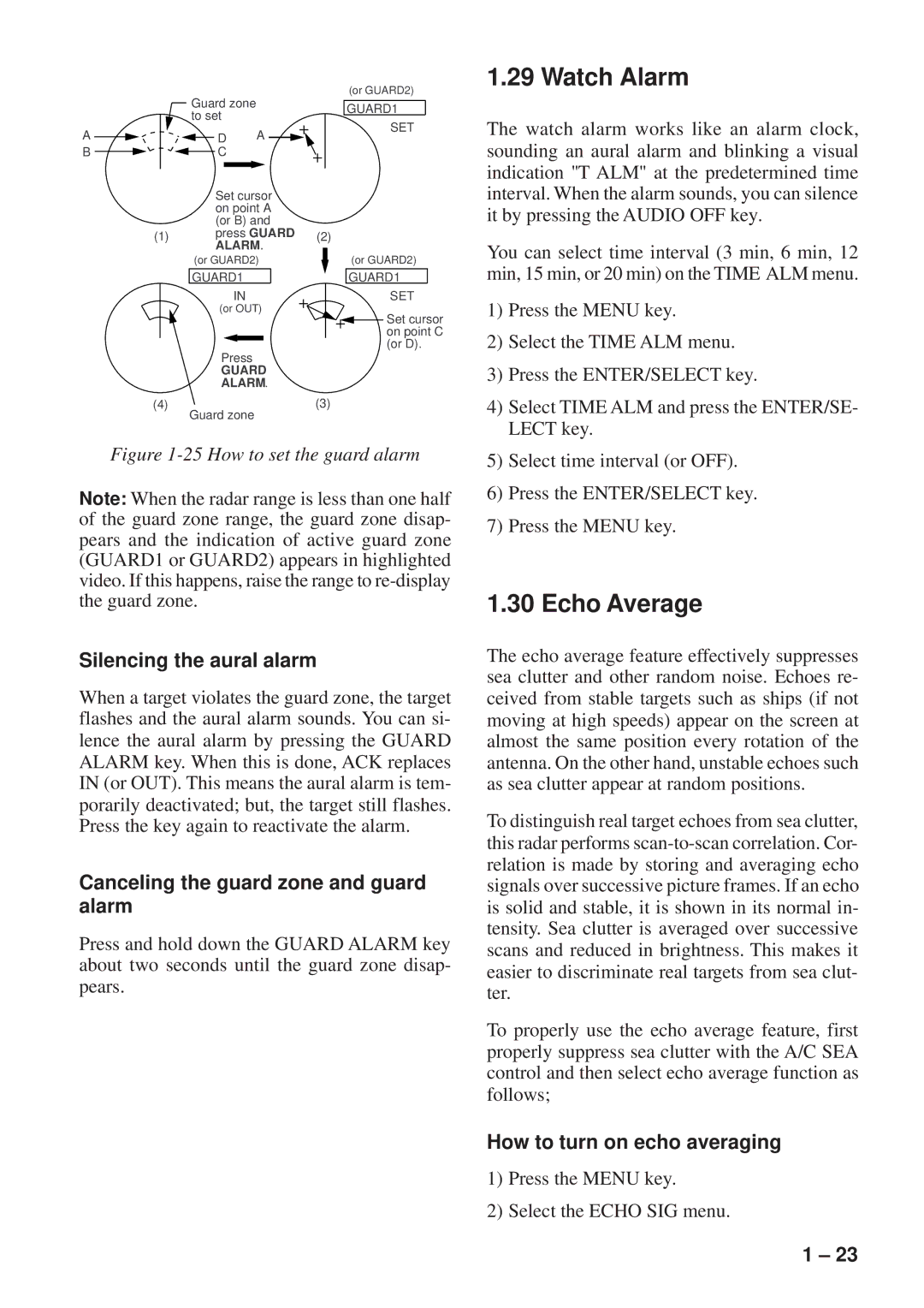 Furuno FR-8111, FR-8251 Watch Alarm, Echo Average, Silencing the aural alarm, Canceling the guard zone and guard alarm 