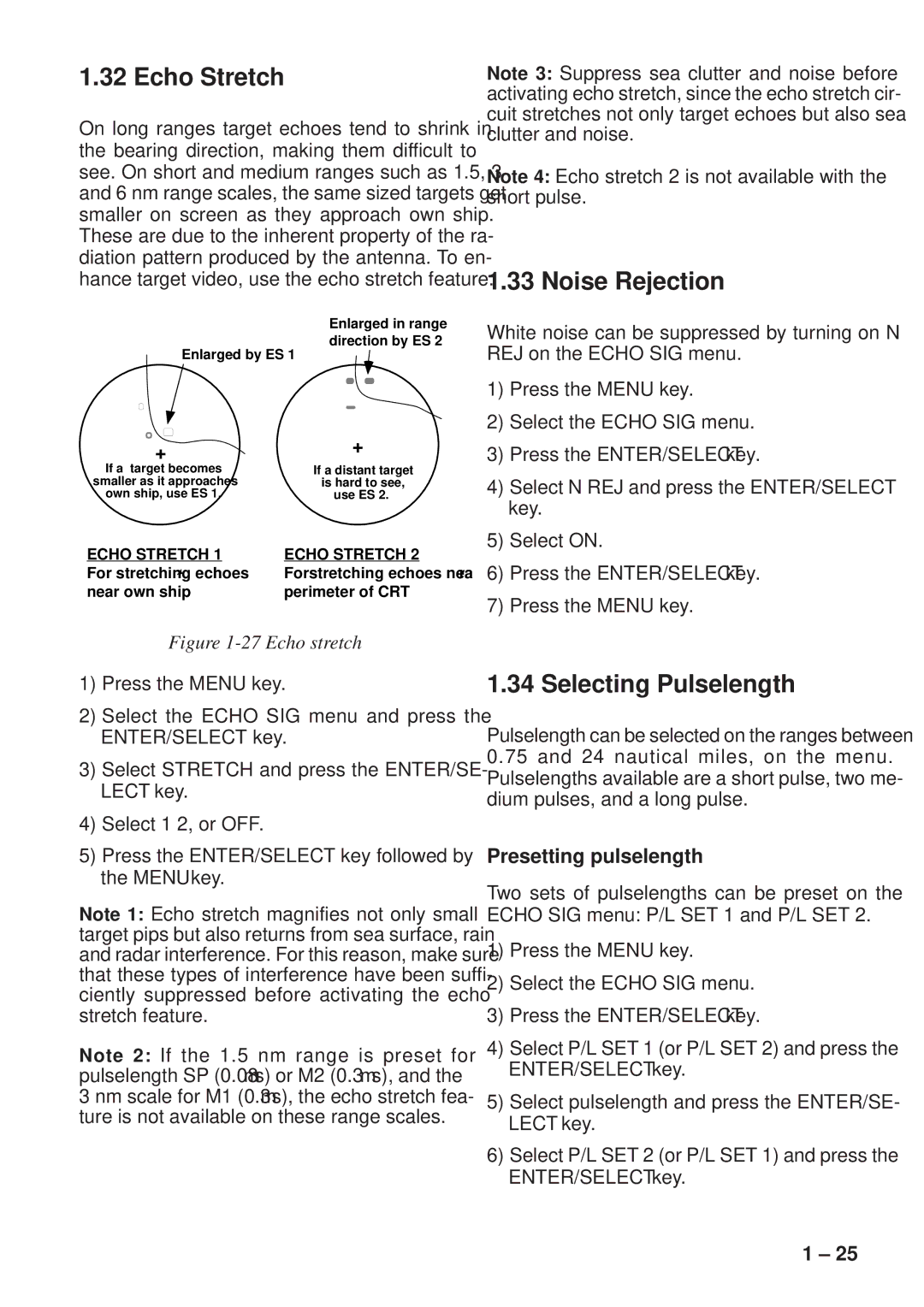 Furuno FR-8111, FR-8251 manual Echo Stretch, Noise Rejection, Selecting Pulselength, Presetting pulselength 