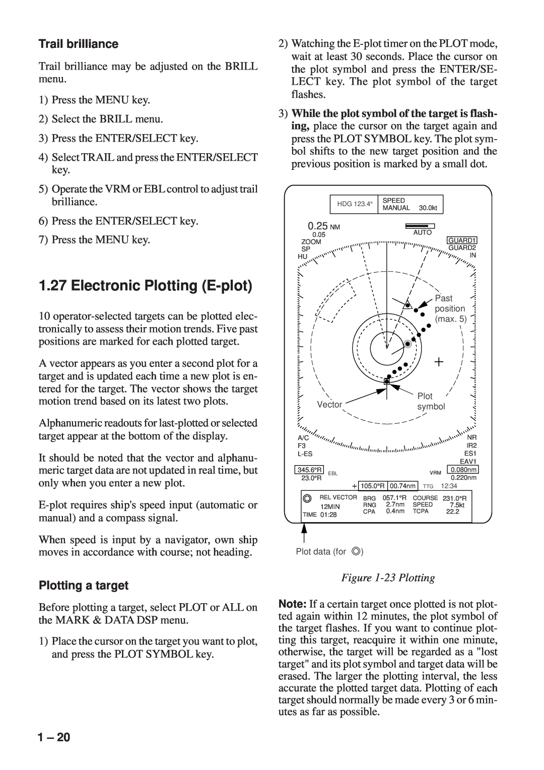 Furuno FR-8251, FR-8111 manual Electronic Plotting E-plot, Trail brilliance, Plotting a target, 23 Plotting 