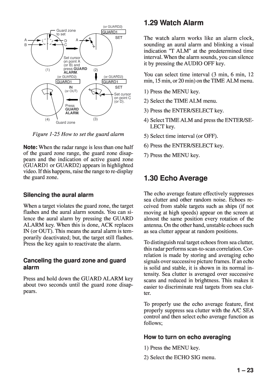 Furuno FR-8111, FR-8251 manual Watch Alarm, Echo Average, 25 How to set the guard alarm, Silencing the aural alarm 