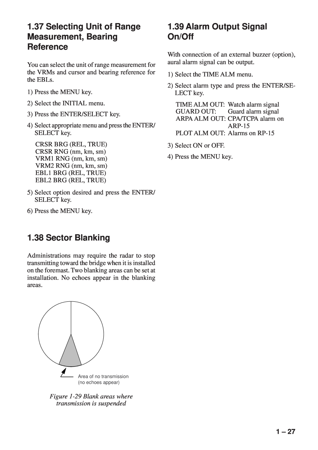 Furuno FR-8111 manual Selecting Unit of Range Measurement, Bearing Reference, Sector Blanking, Alarm Output Signal On/Off 