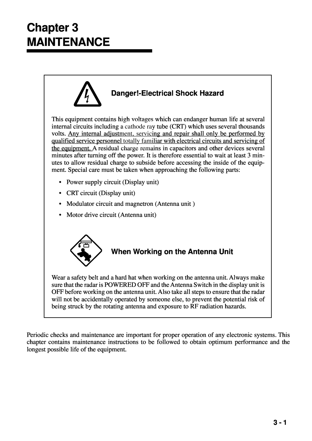 Furuno FR-8111, FR-8251 manual Chapter MAINTENANCE, Danger!-Electrical Shock Hazard, When Working on the Antenna Unit 