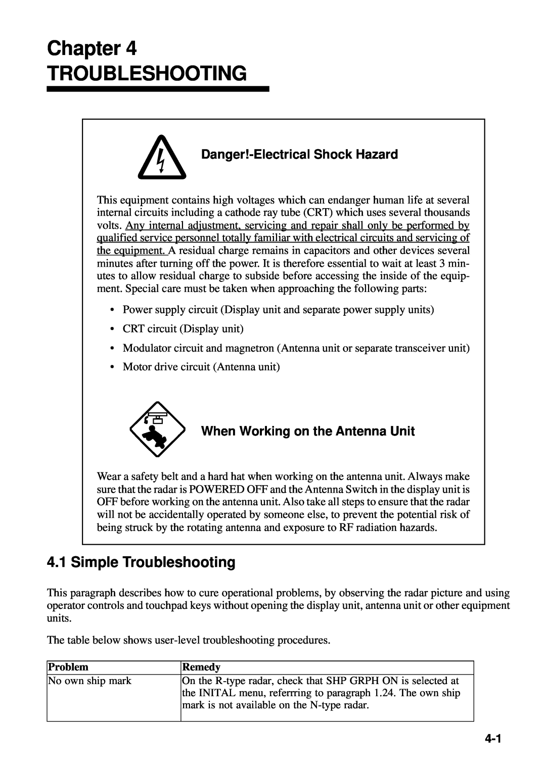 Furuno FR-8111, FR-8251 manual Chapter TROUBLESHOOTING, Simple Troubleshooting, Danger!-Electrical Shock Hazard 