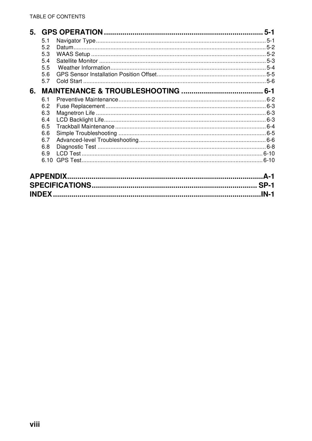 Furuno FR-8062, FR-8252, FR-8122 manual SP-1, IN-1, Viii 