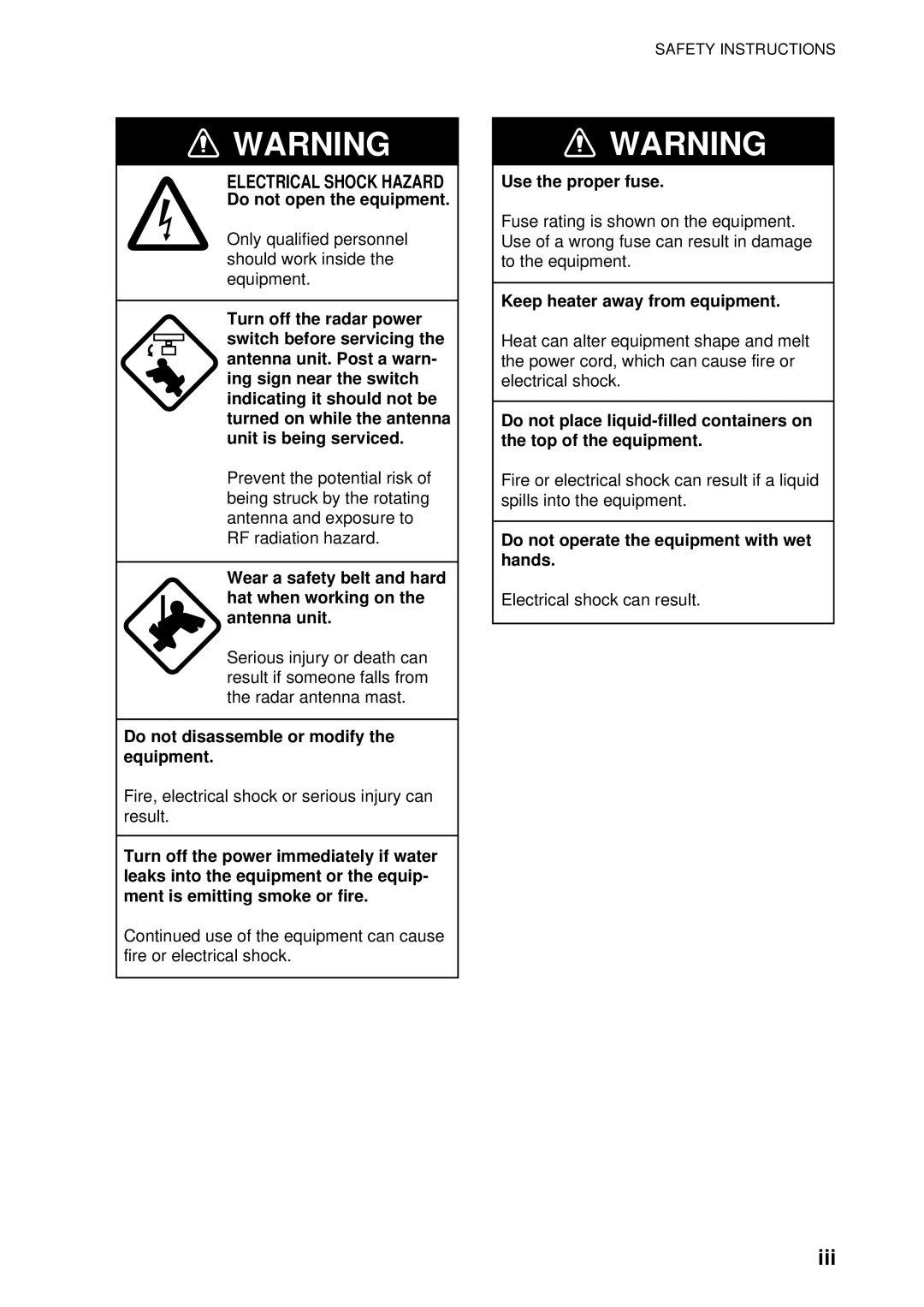 Furuno FR-8122, FR-8252, FR-8062 manual Iii, Electrical Shock Hazard 