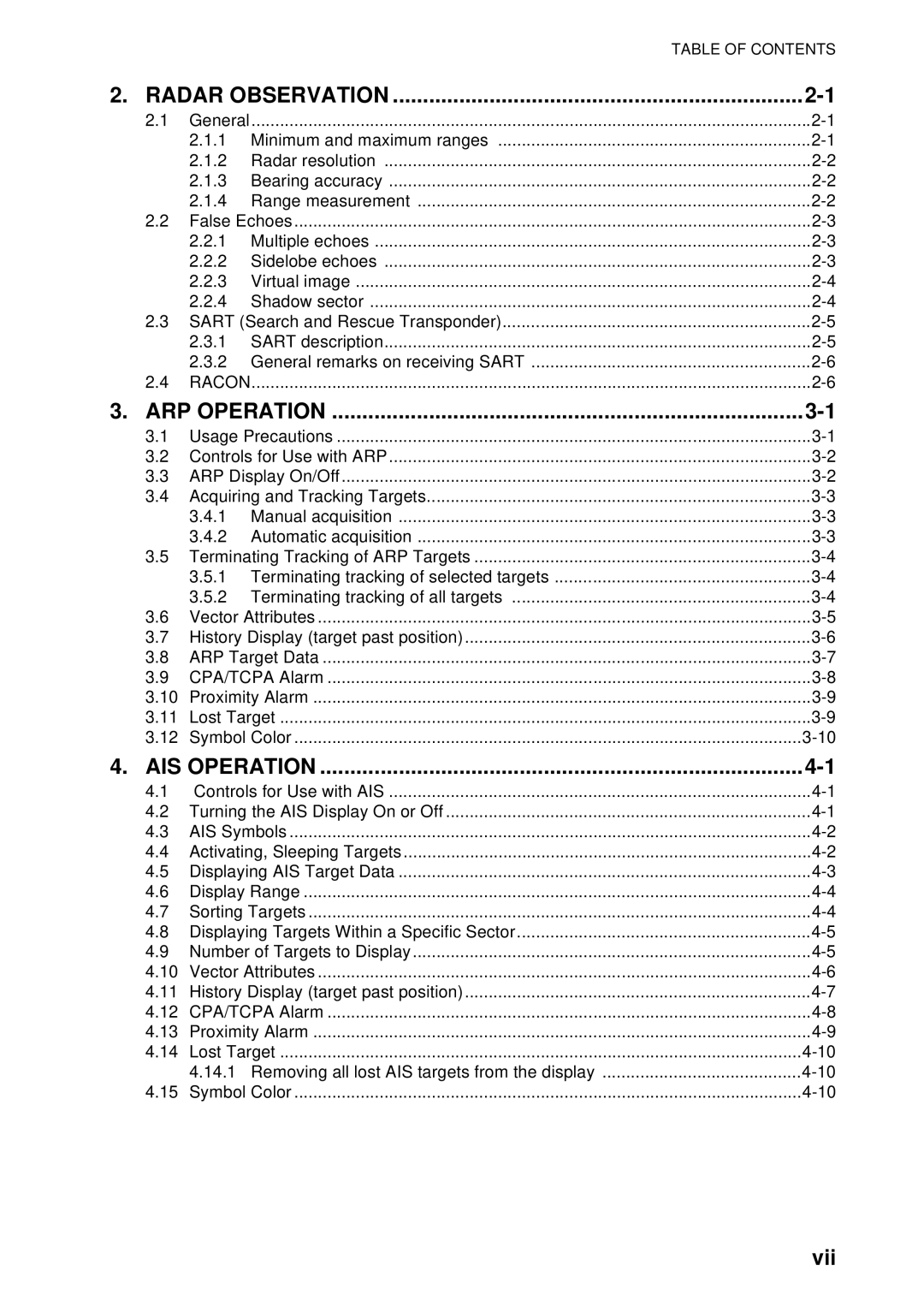 Furuno FR-8252, FR-8062, FR-8122 manual Vii, Radar Observation 