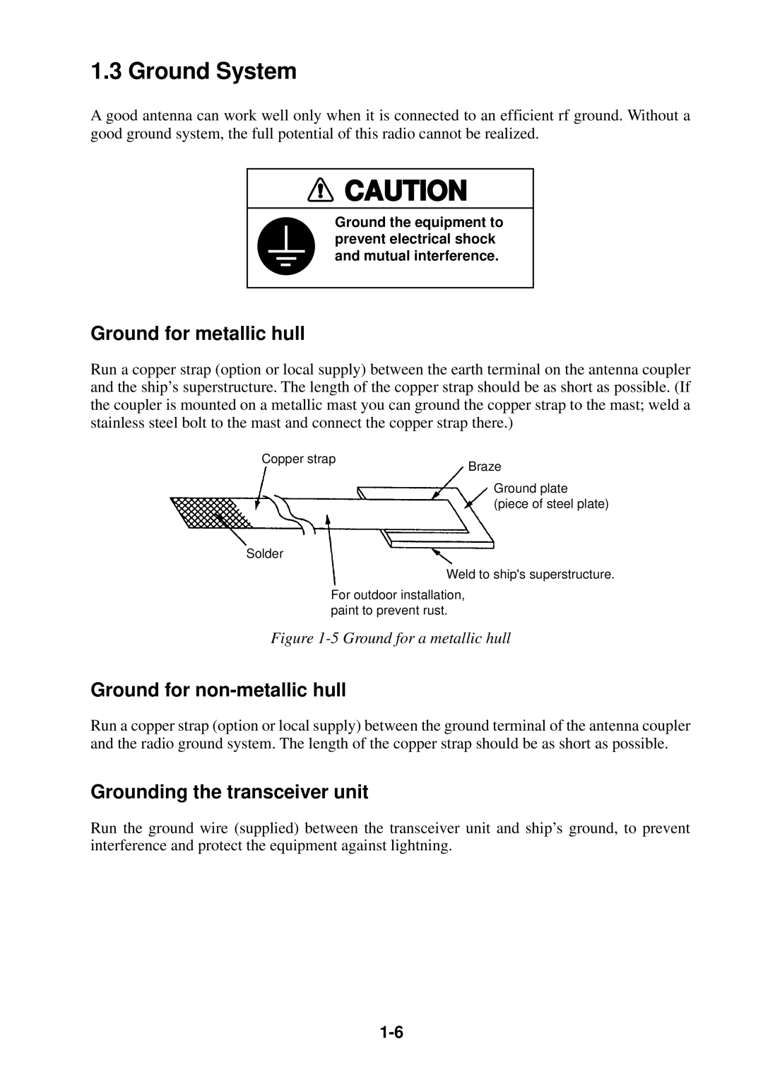 Furuno FS-1503 manual Ground System, Ground for metallic hull, Ground for non-metallic hull, Grounding the transceiver unit 