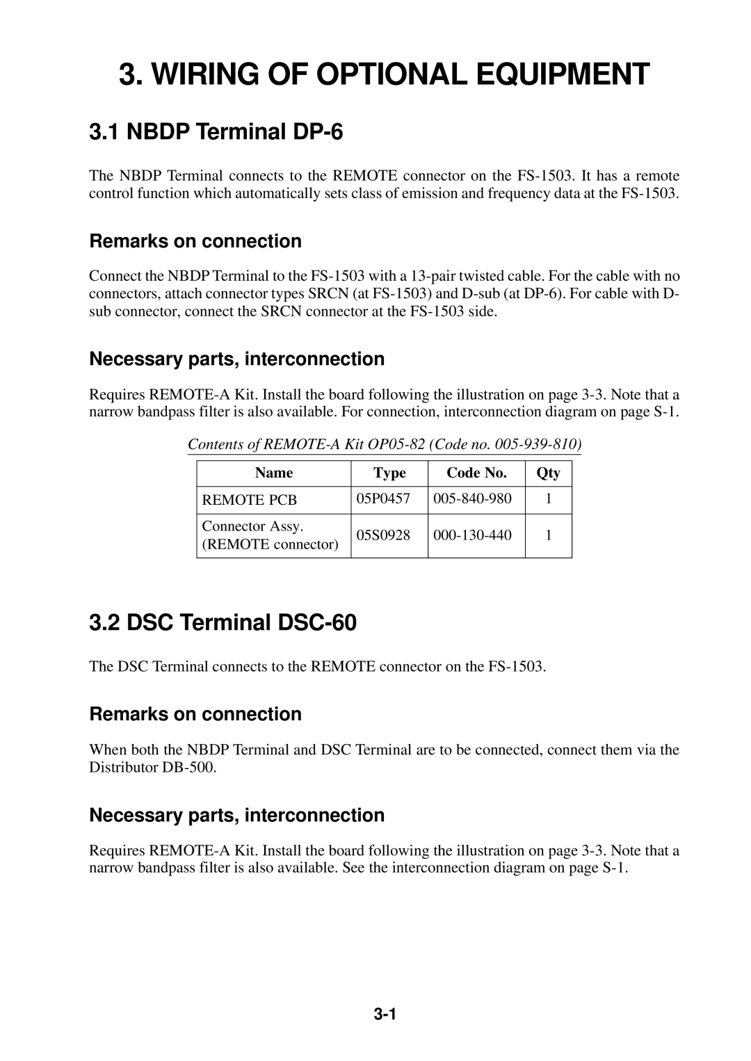 Furuno FS-1503 manual Wiring of Optional Equipment, Nbdp Terminal DP-6, DSC Terminal DSC-60, Remarks on connection 