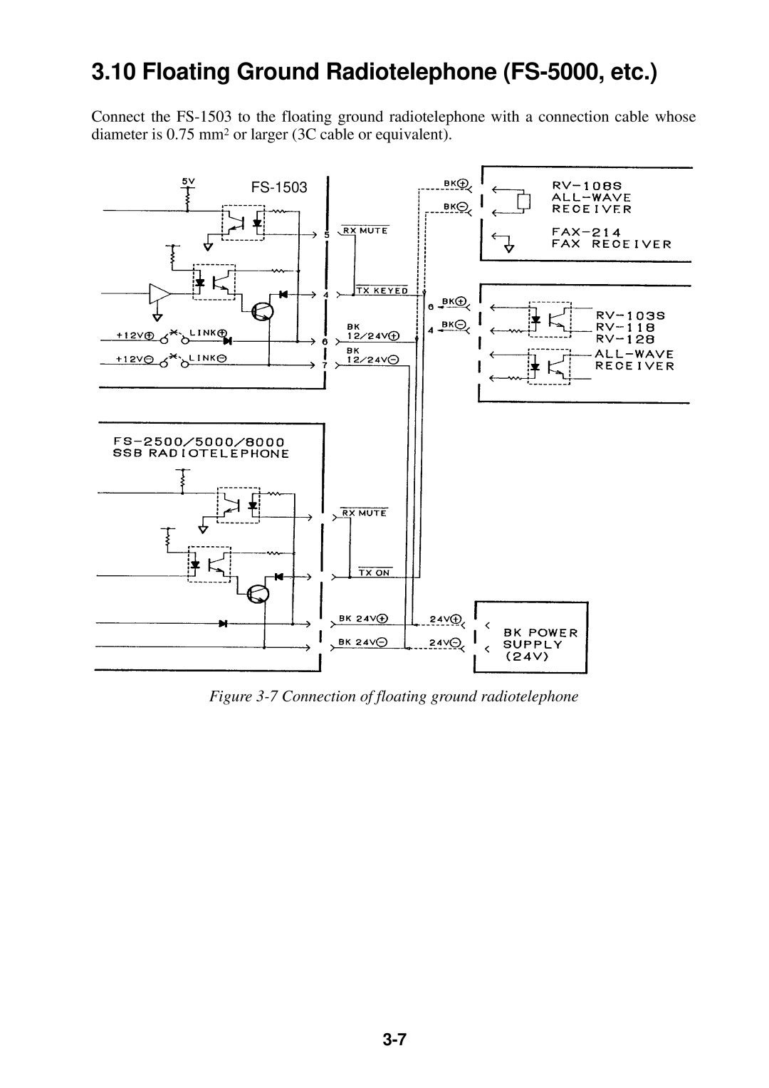 Furuno FS-1503 manual Floating Ground Radiotelephone FS-5000, etc, Connection of floating ground radiotelephone 